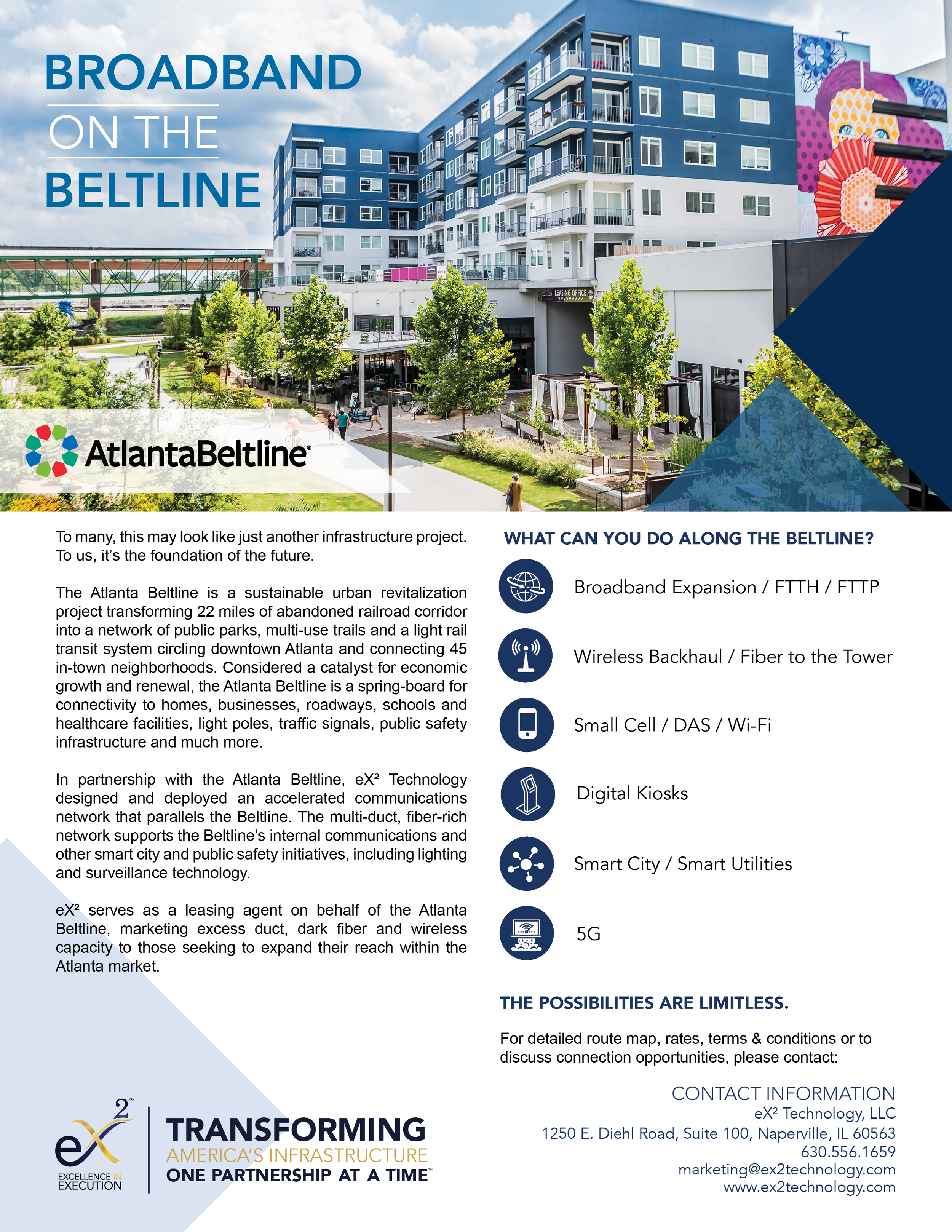 A promotional flyer for Atlanta Beltline showcasing urban development projects, technology partnerships, and infrastructure improvements in Atlanta, Georgia.
