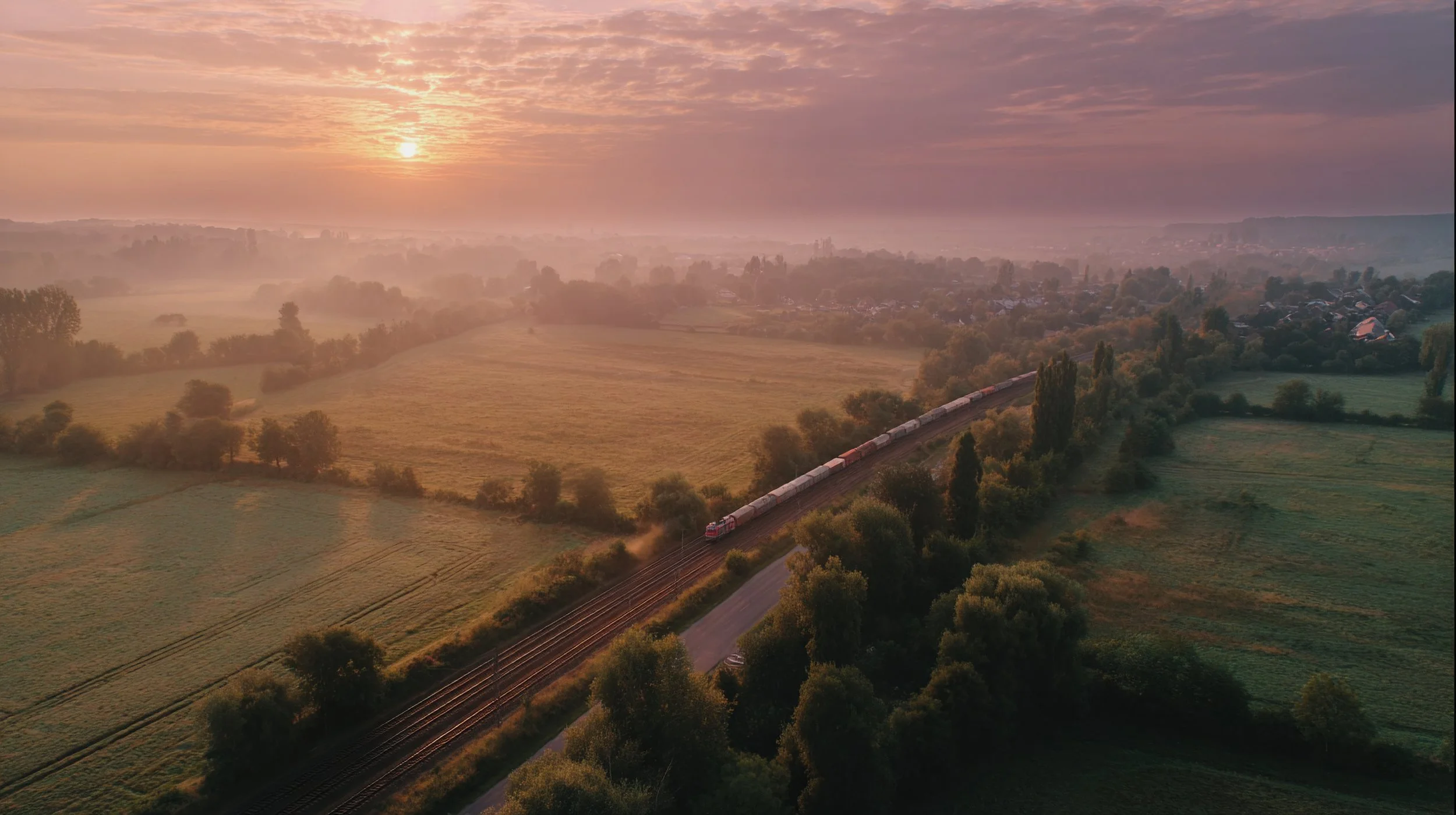 A train traveling through a rural landscape during sunset, with fields, trees, and a distant village visible.