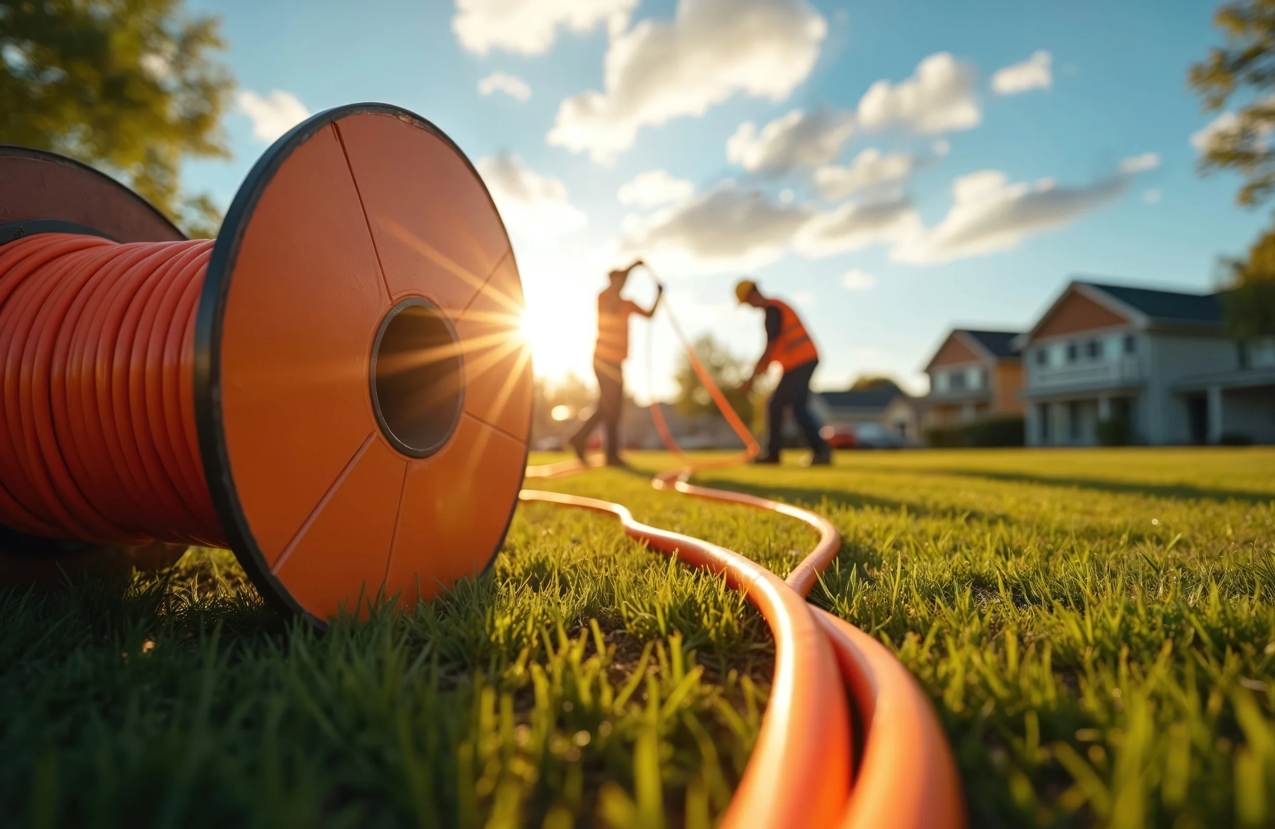 Close-up of orange cable reel on green grass with two workers in safety vests and helmets in the background installing electrical infrastructure during sunset.
