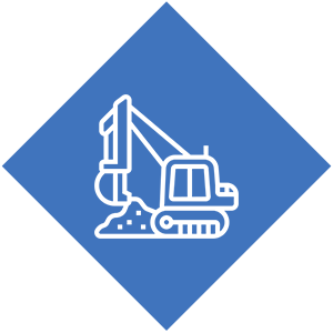 Illustration of an excavator on a blue diamond-shaped background
