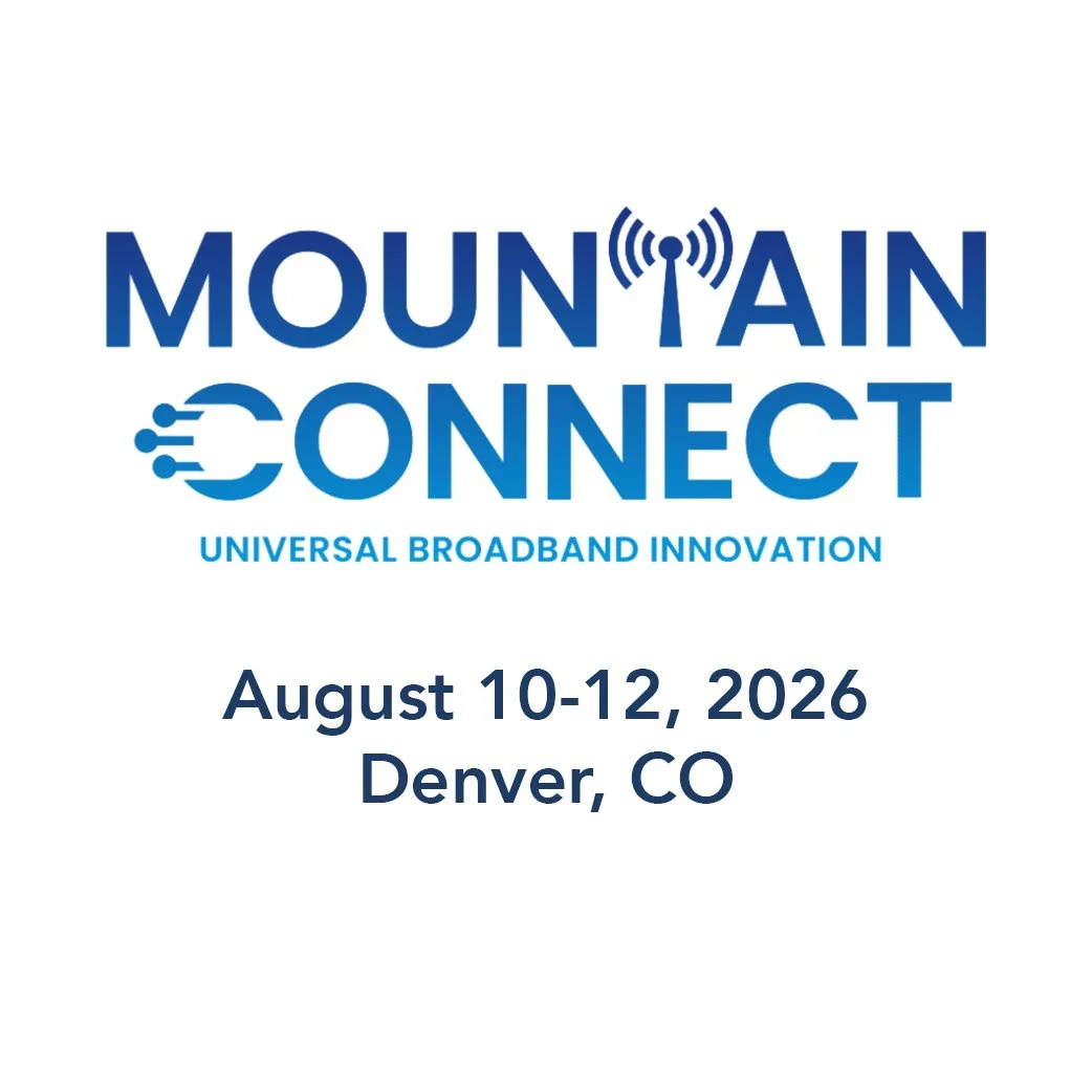 Event poster for Mountain Connect, a broadband conference held August 10-12, 2026, in Denver, Colorado, with the tagline 'Universal Broadband Innovation'.