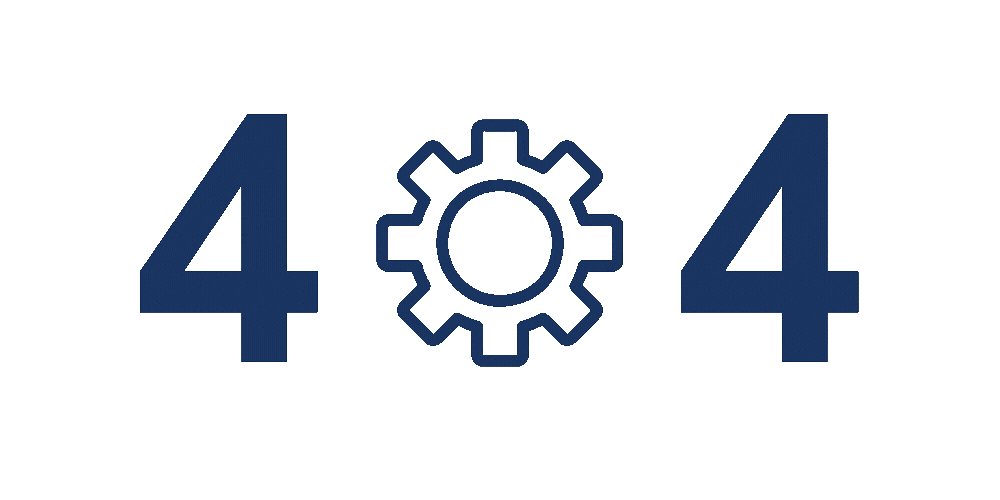 The image shows the number 404 with a gear icon in the middle, indicating a 'Page Not Found' error.