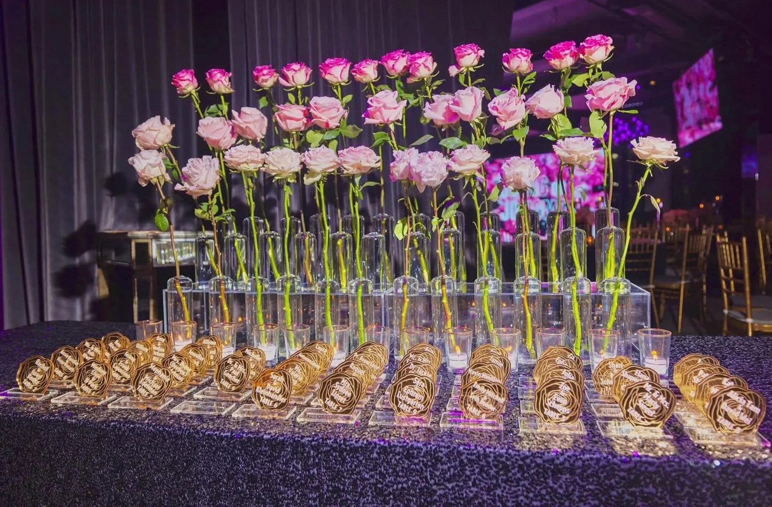 Custom gold rose escort card. 