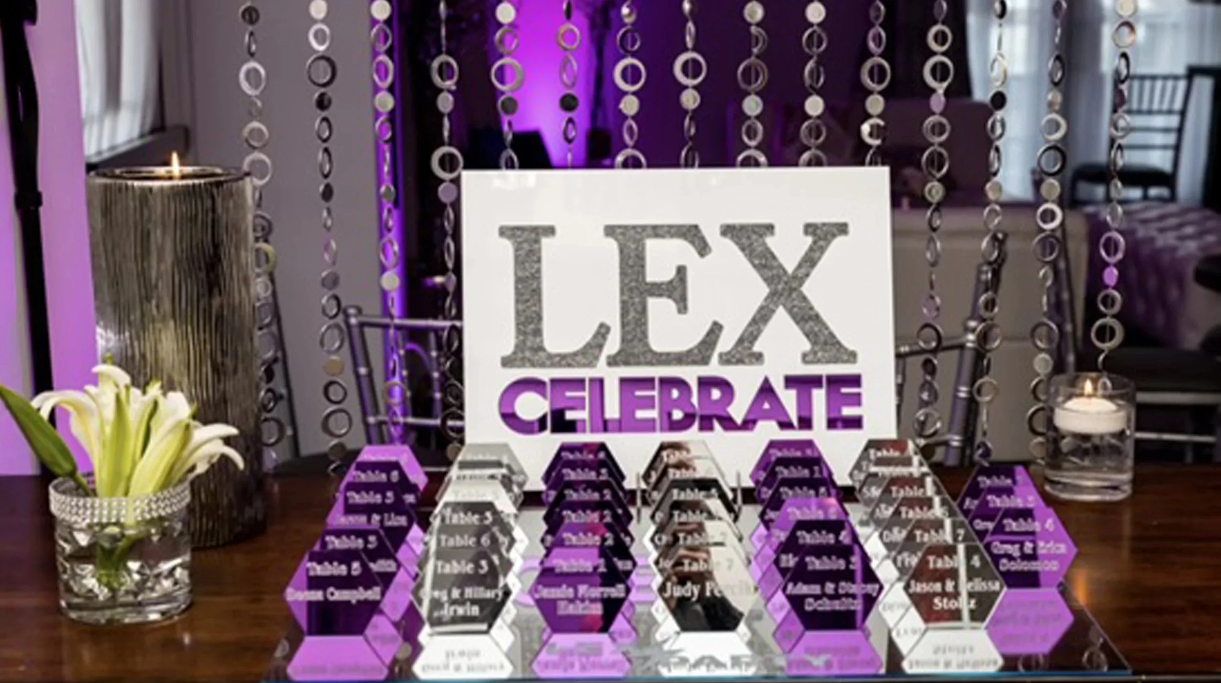 Custom hexagonal mirrored escort cards. 