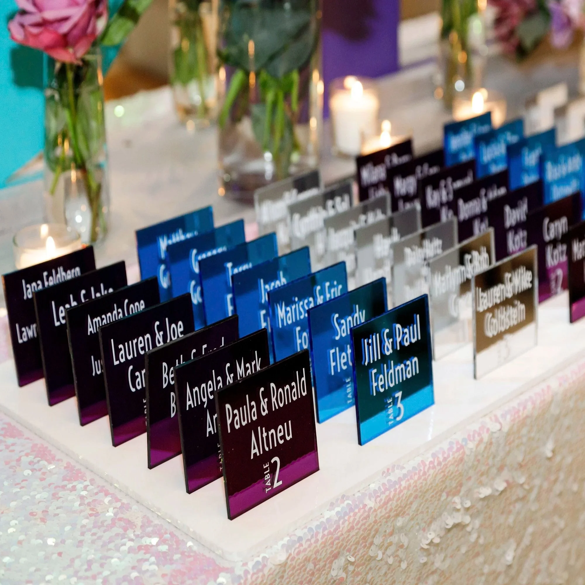 Custom mirrored escort cards. 