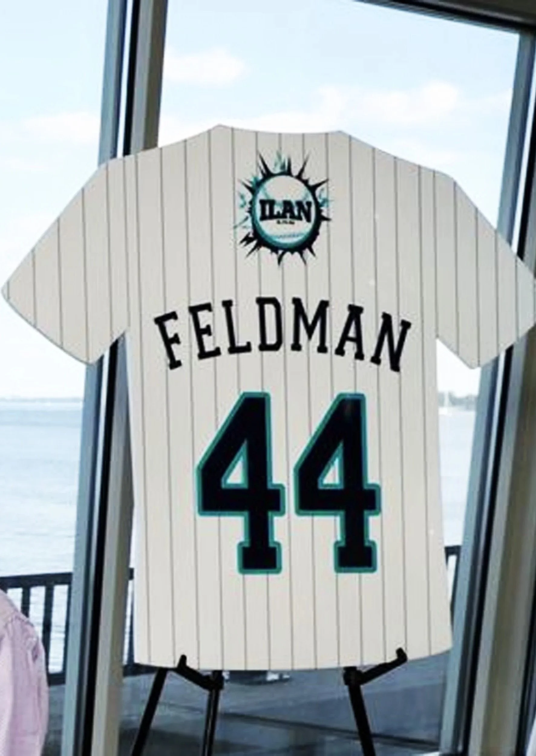 Pinstriped baseball jersey sign-in board with black and teal accents.