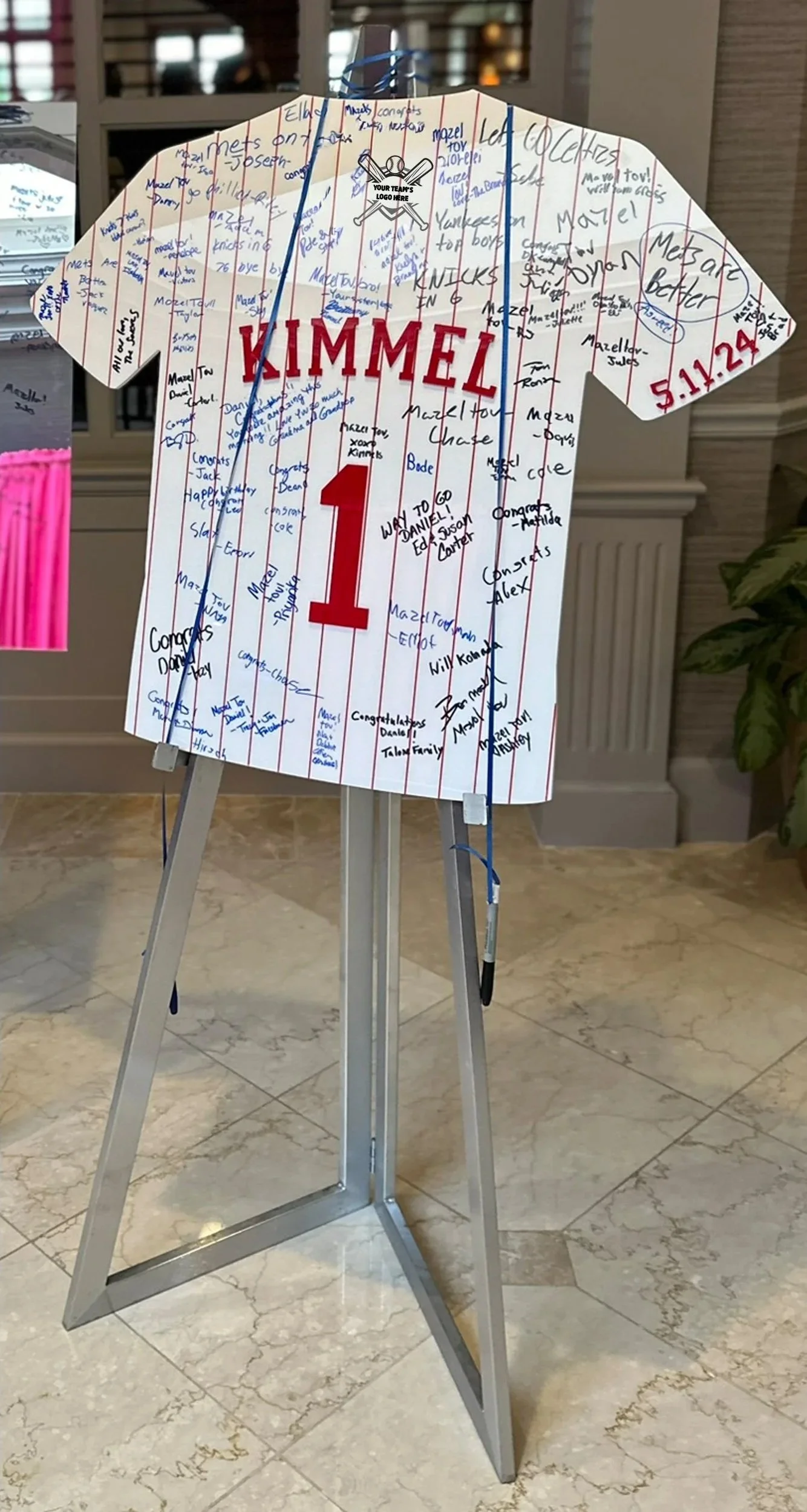 Custom pinstriped baseball jersey sign-in board.