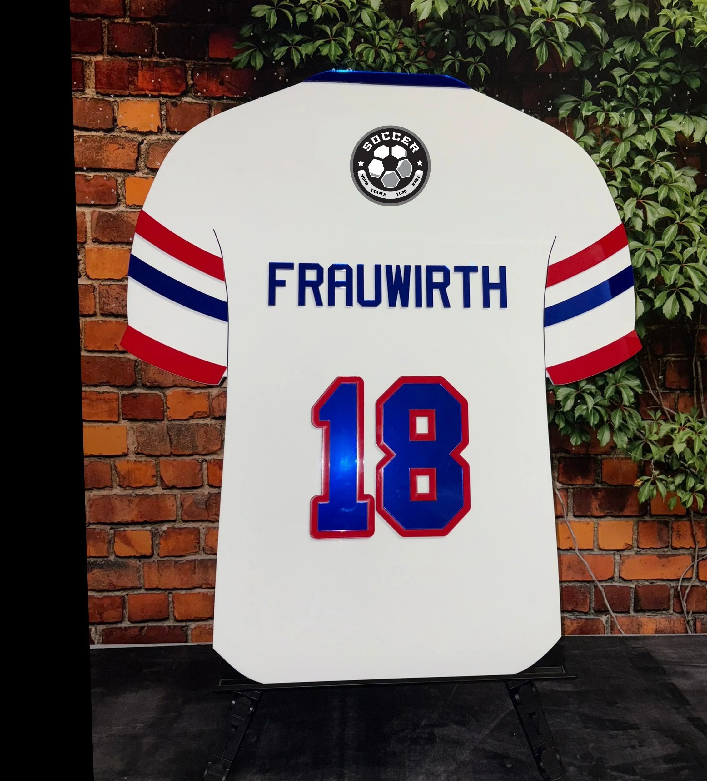 Custom red, white, and blue soccer jersey sign-in board. 