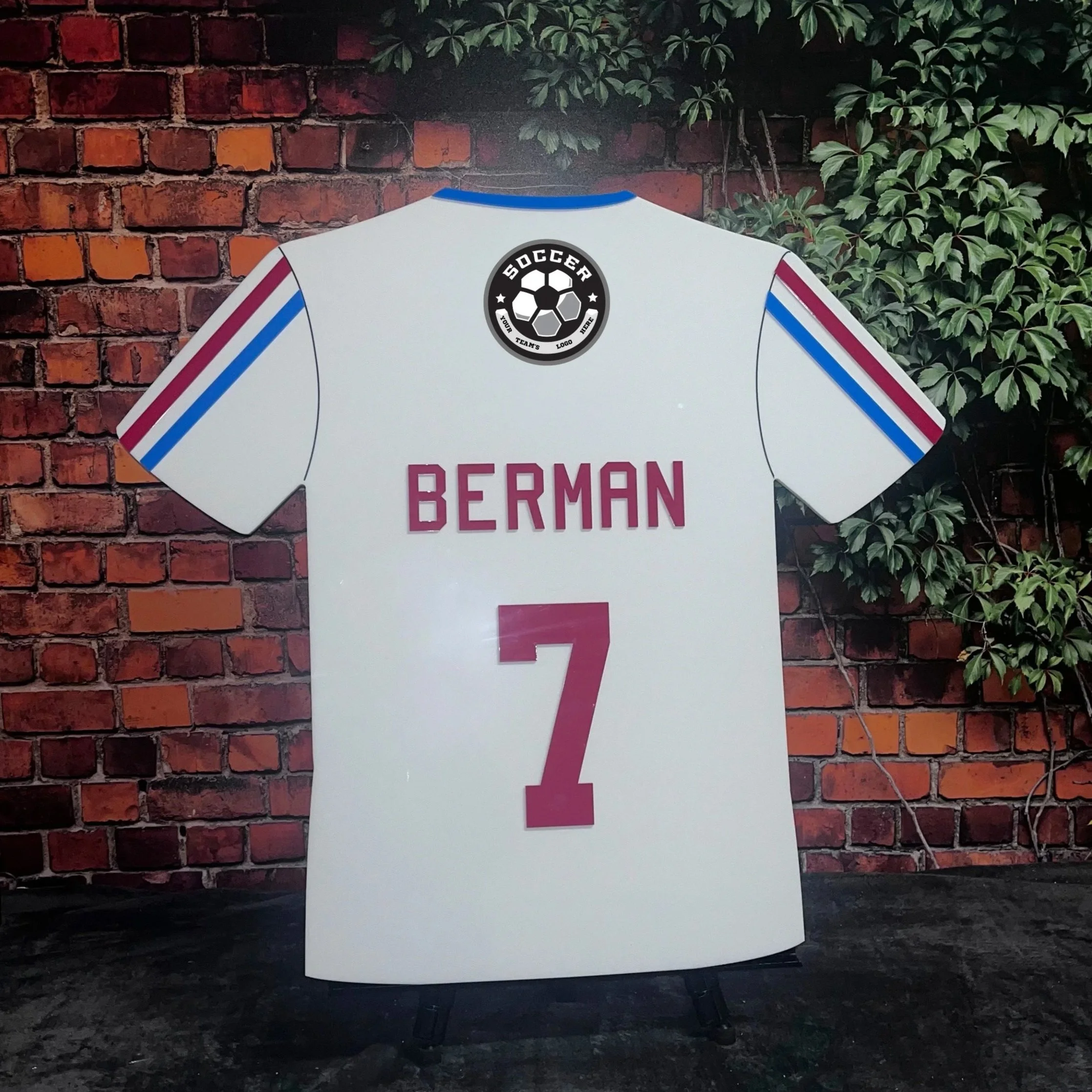 Custom red, white, and blue soccer jersey sign-in board. 