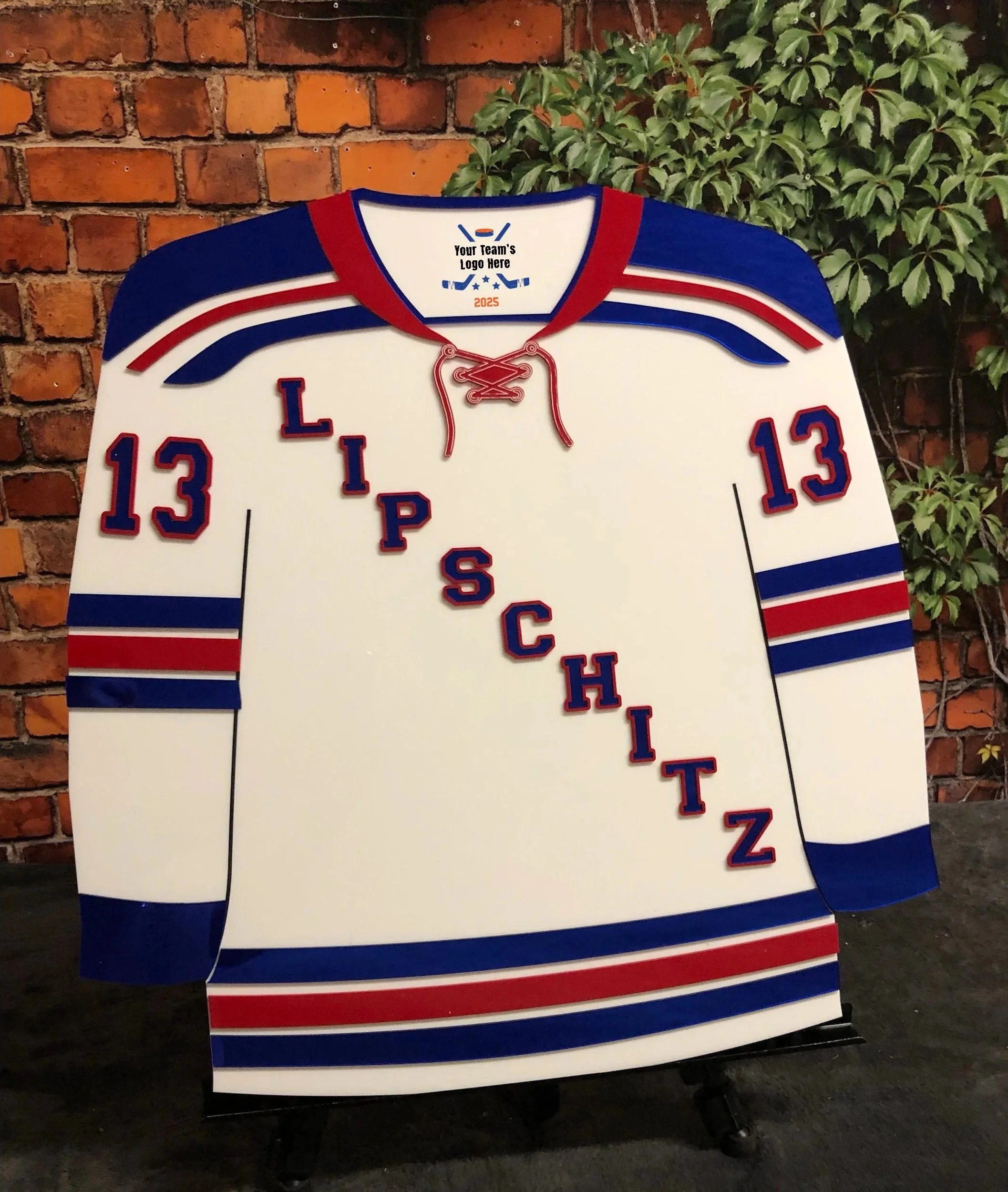 Custom blue and red hockey jersey sign-in board.