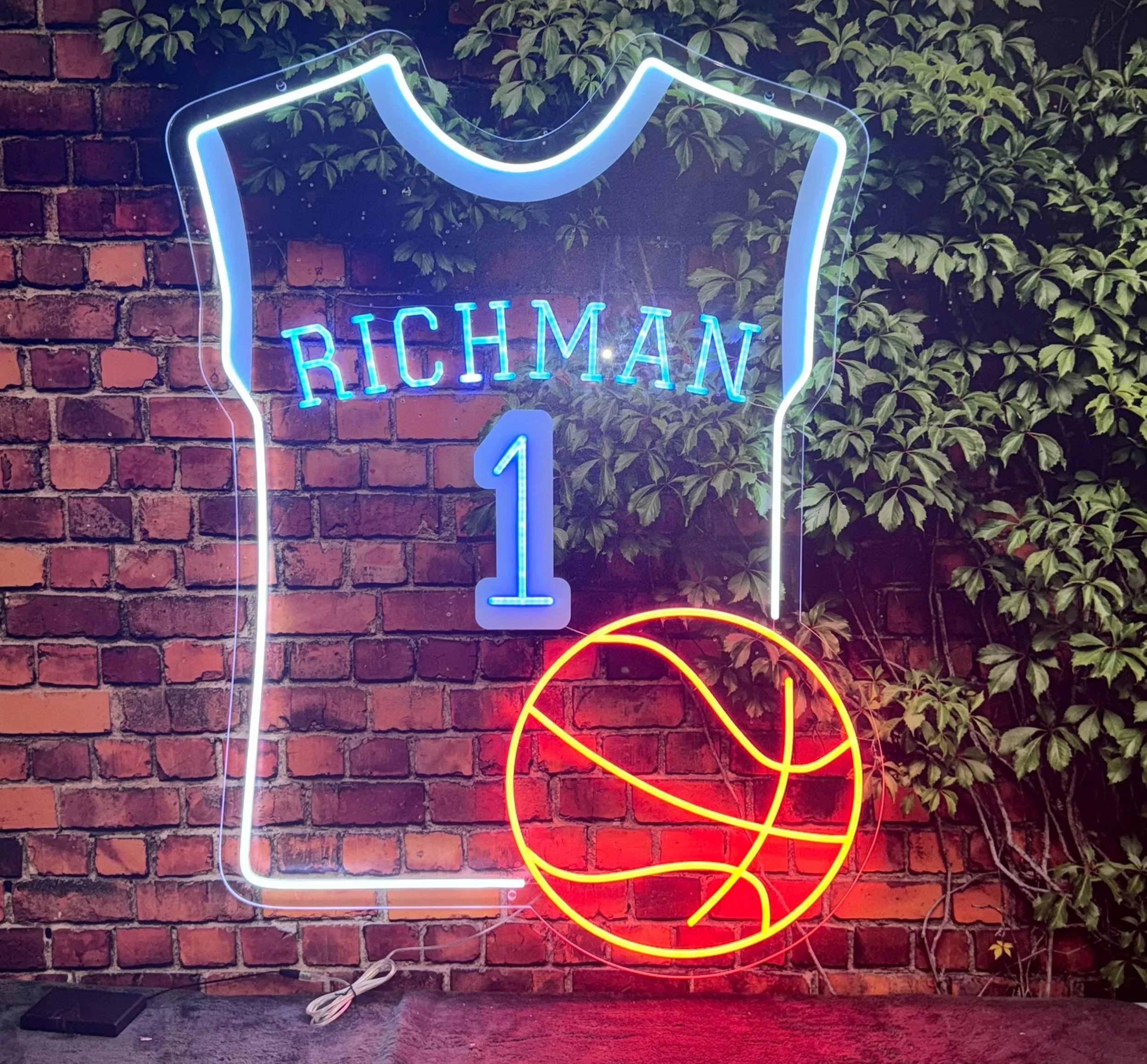 Custom clear acrylic neon sign board featuring a basketball.