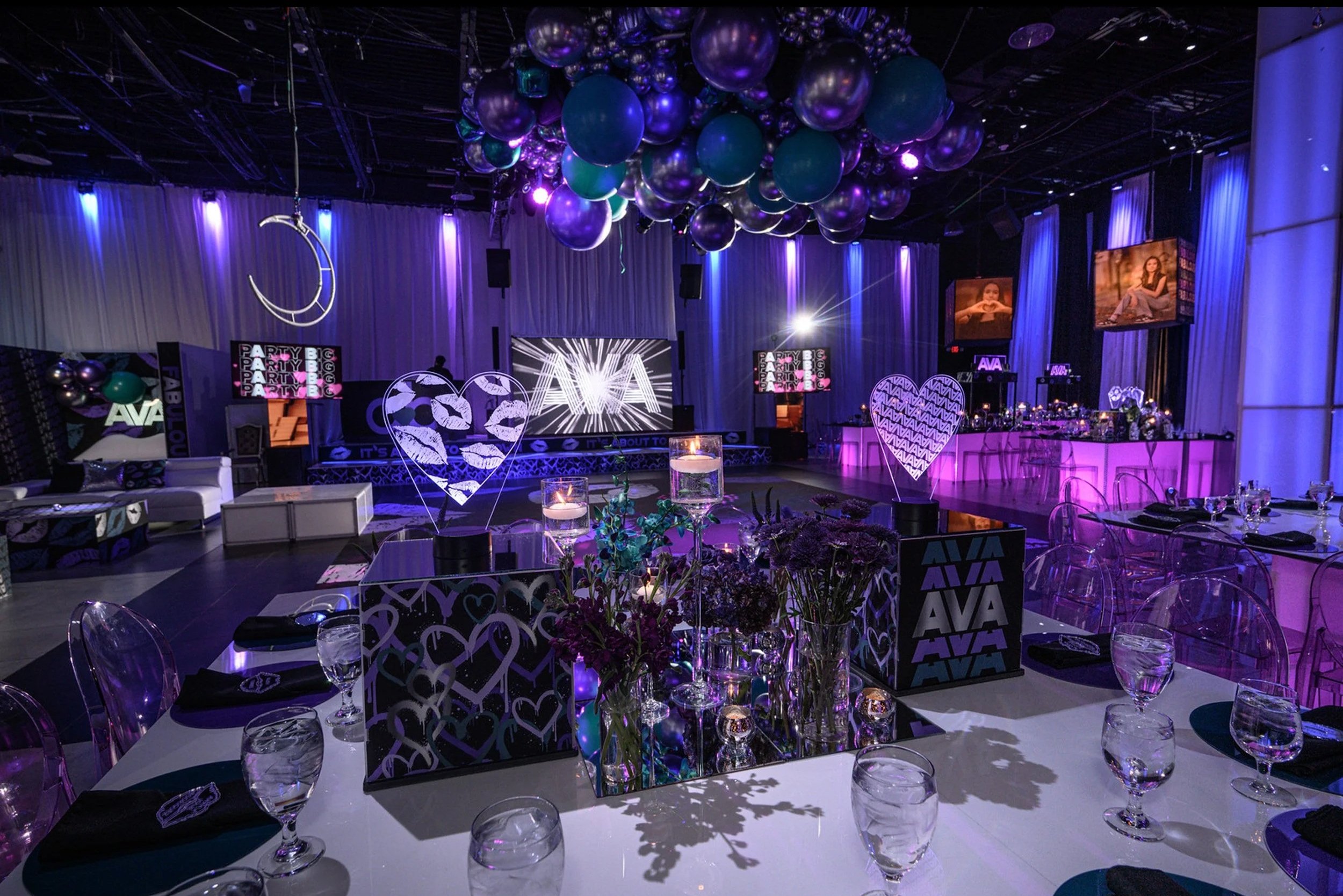 Custom LED centerpiece of hearts. 