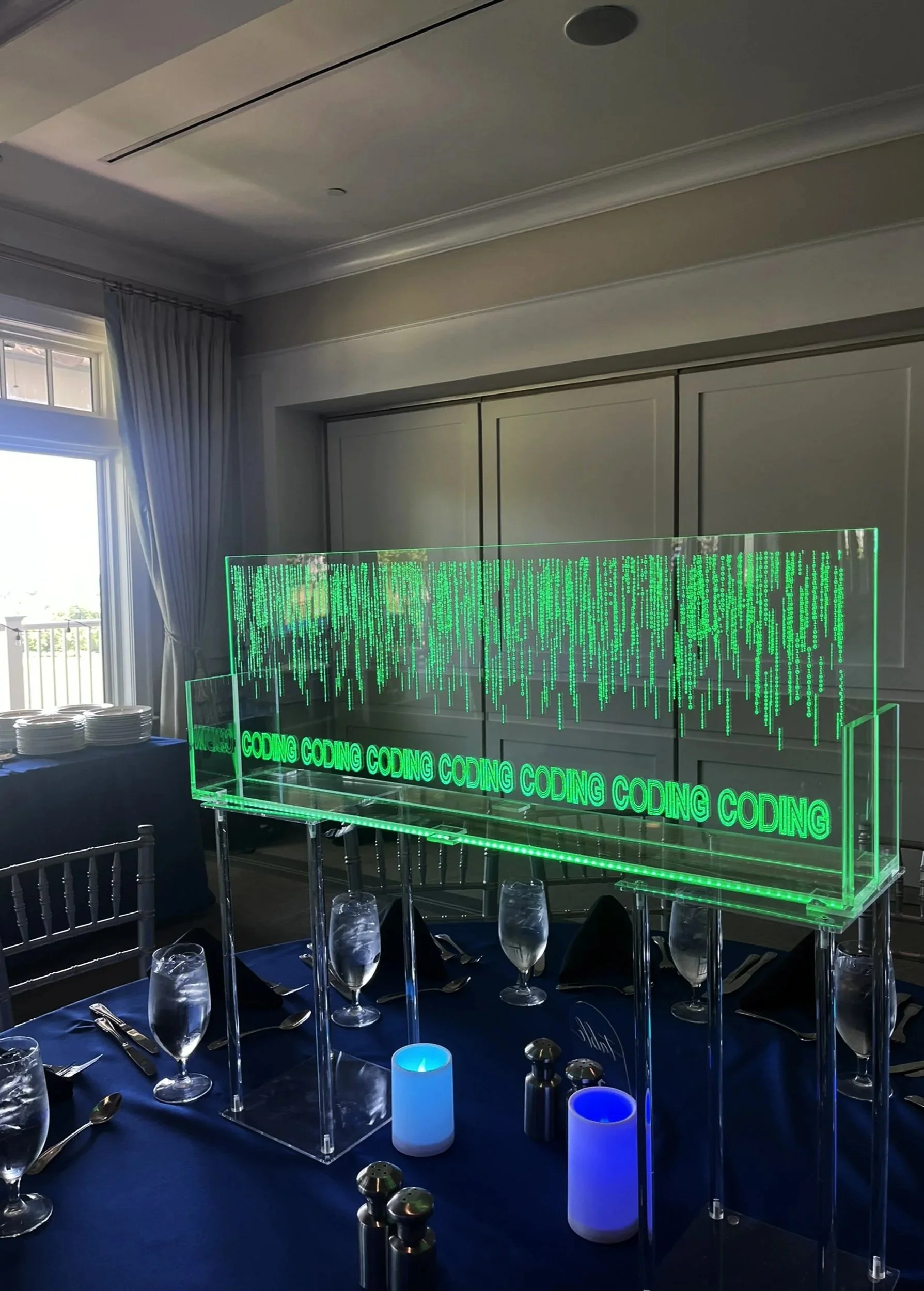 Large custom LED centerpiecs of coding. 