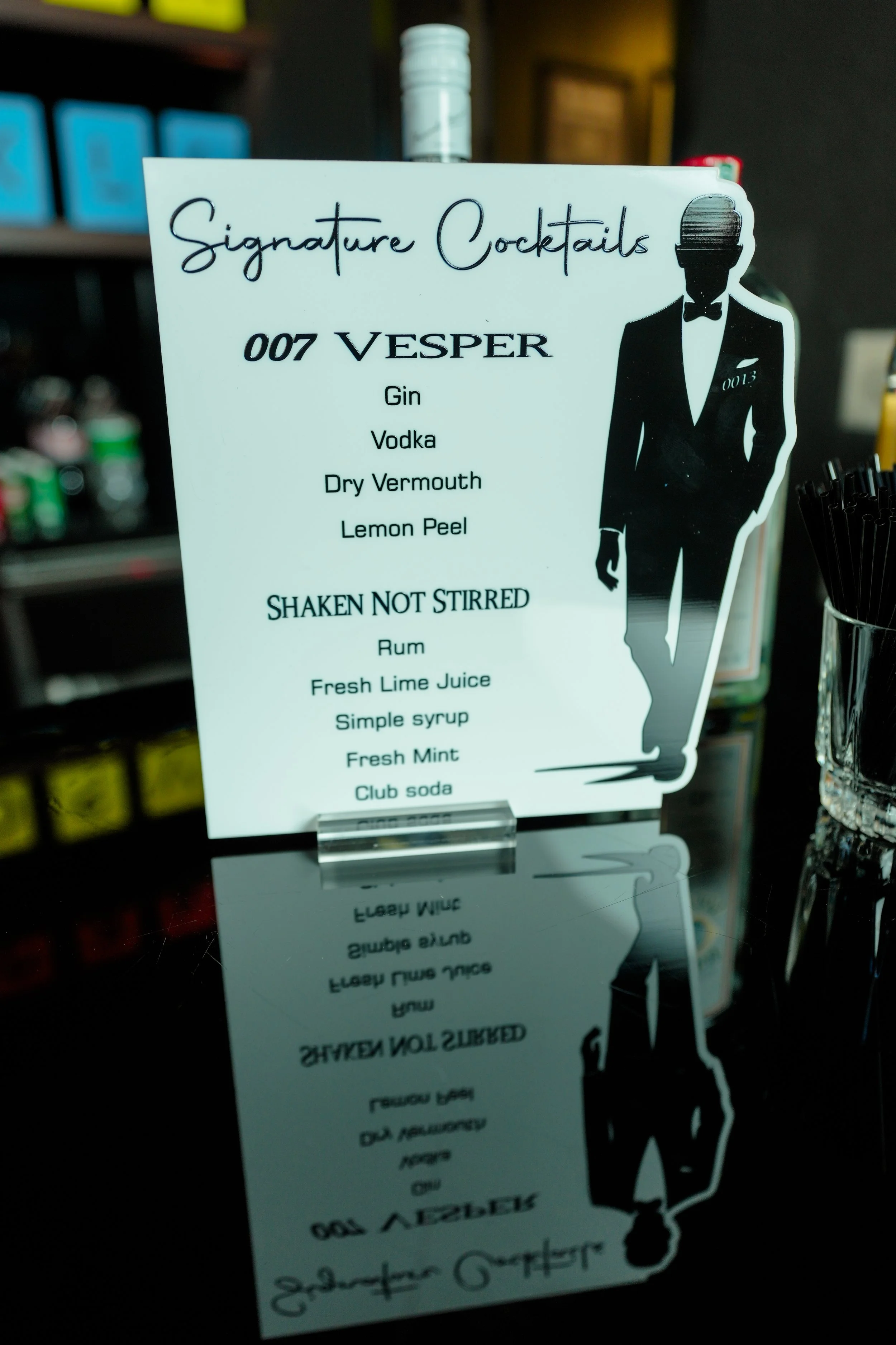 Custom James Bond themed acrylic drink menu. 