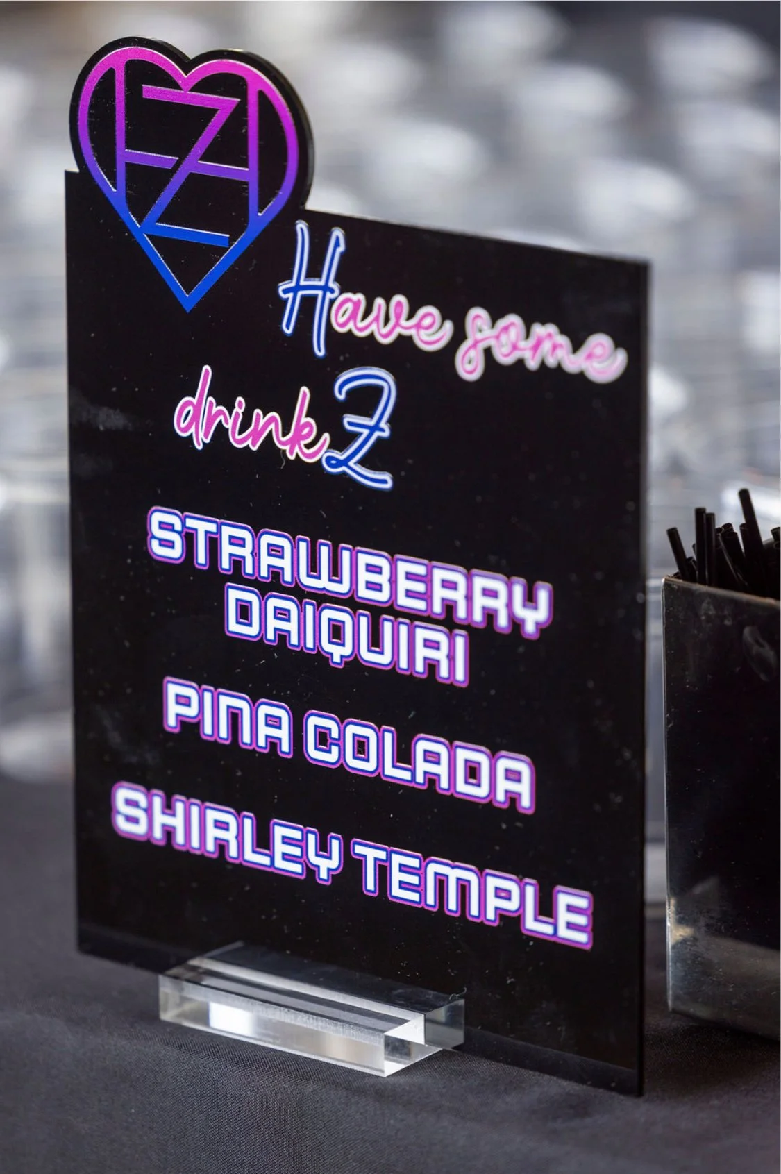 Custom heart themed drink menu. 