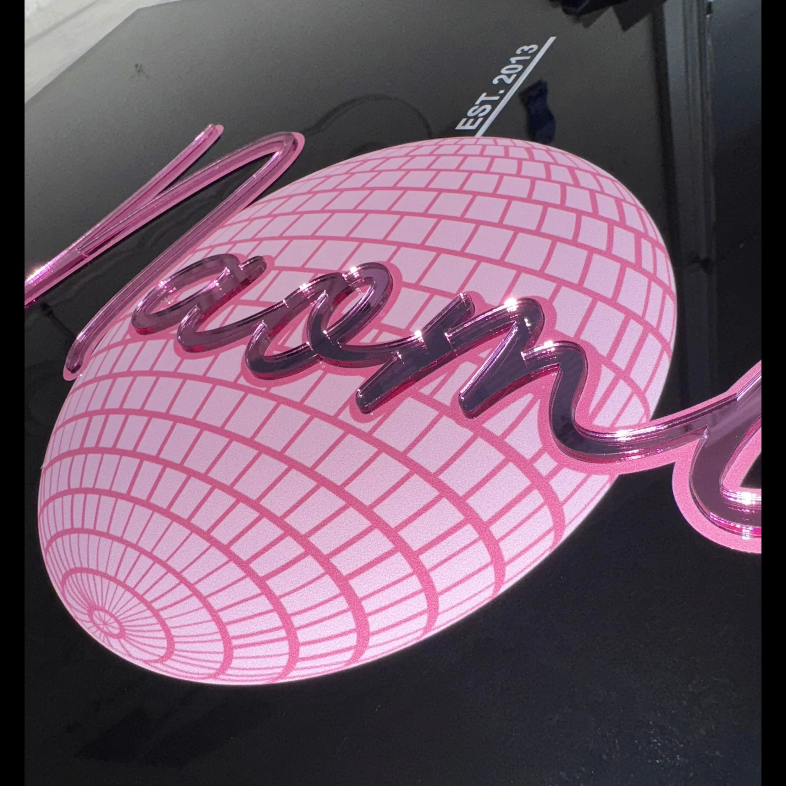 Naomi Pink Mirror Text Discoball Black Board Close Up.jpg