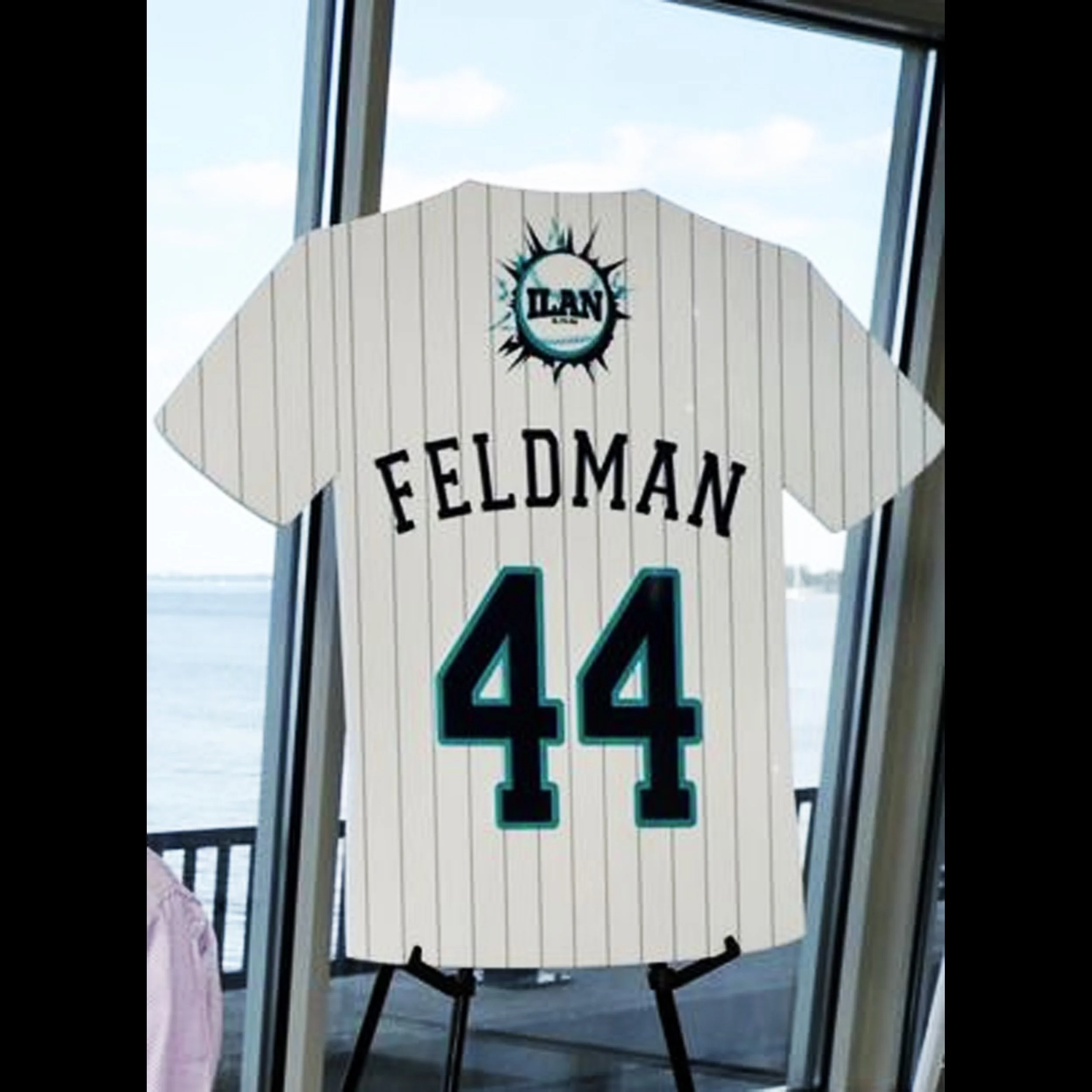 Classic white pinstriped jersey featuring bold black and teal accents. Designed for Bar Mitzvahs and special events, it’s perfect for guests to sign and leave messages as a memorable keepsake.