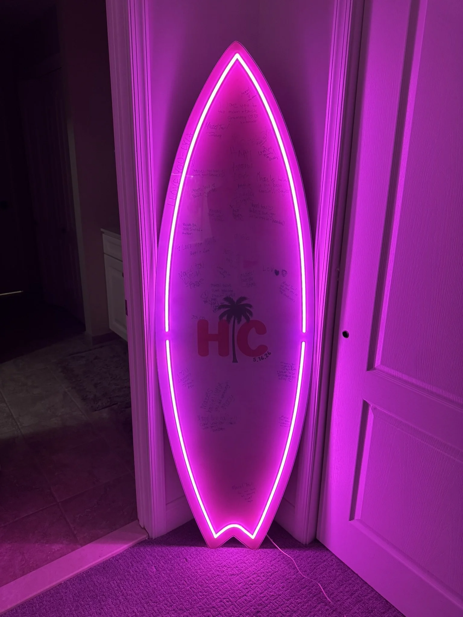 Neon Surfboard sign in board_Pink_Tropical_Palm tree_Beach_Bat.JPEG