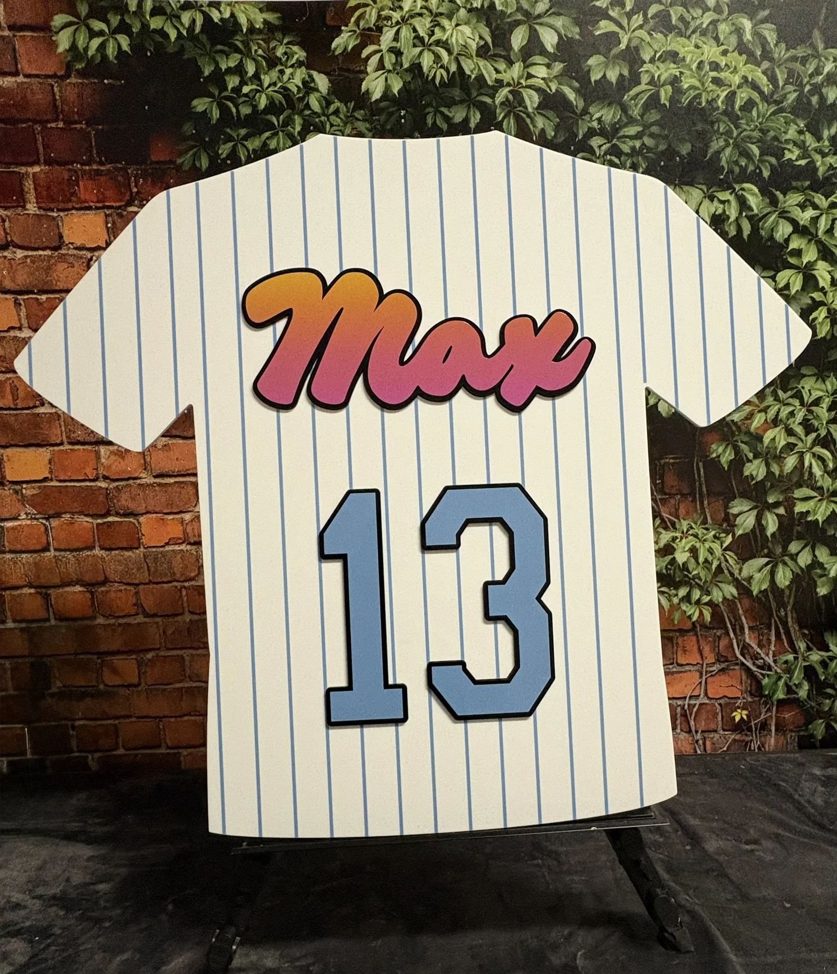 Custom pinstriped baseball jersey sign-in board with a gradient. 
