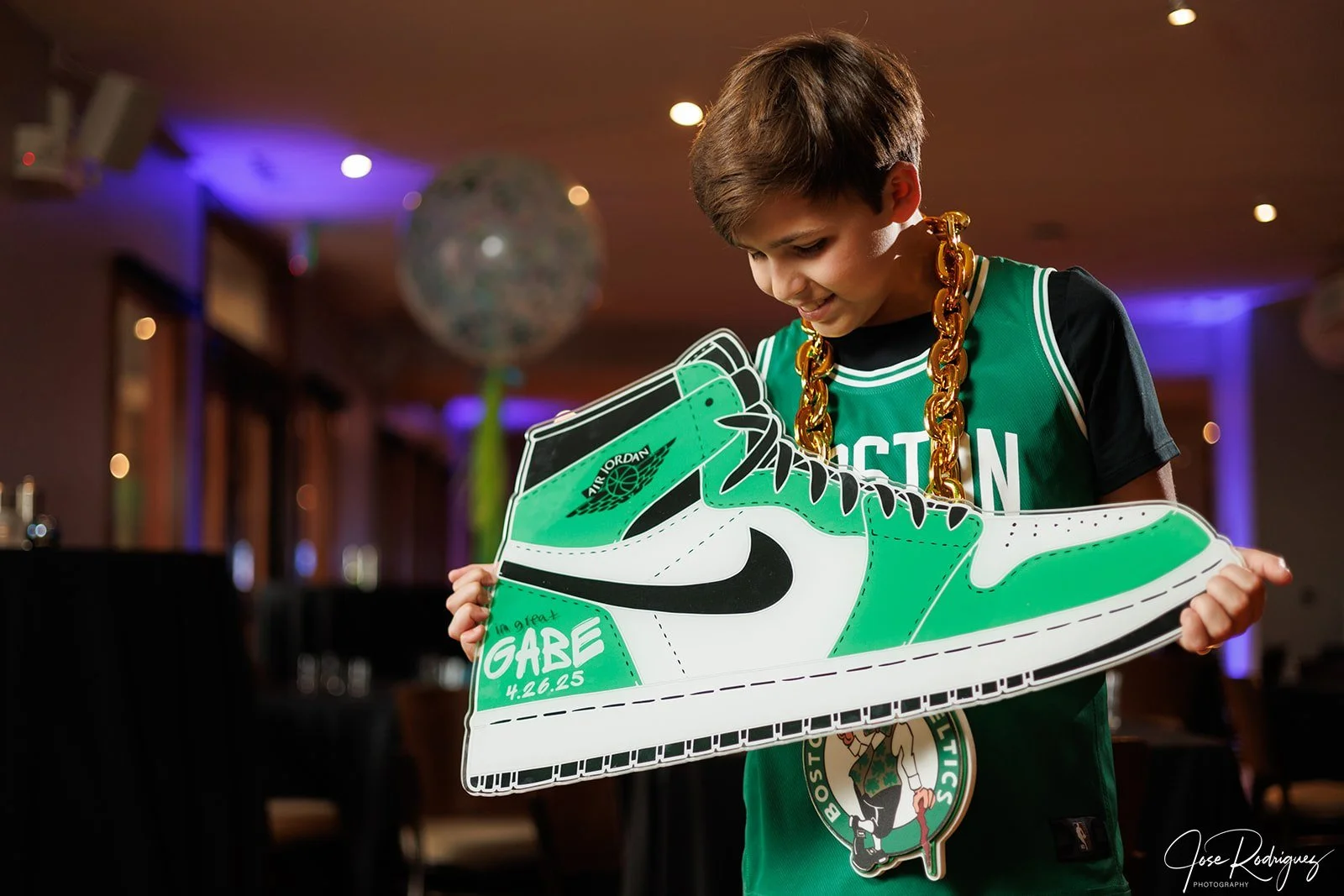 Custom green and white Nike Air Jordan sneaker sign-in board. 