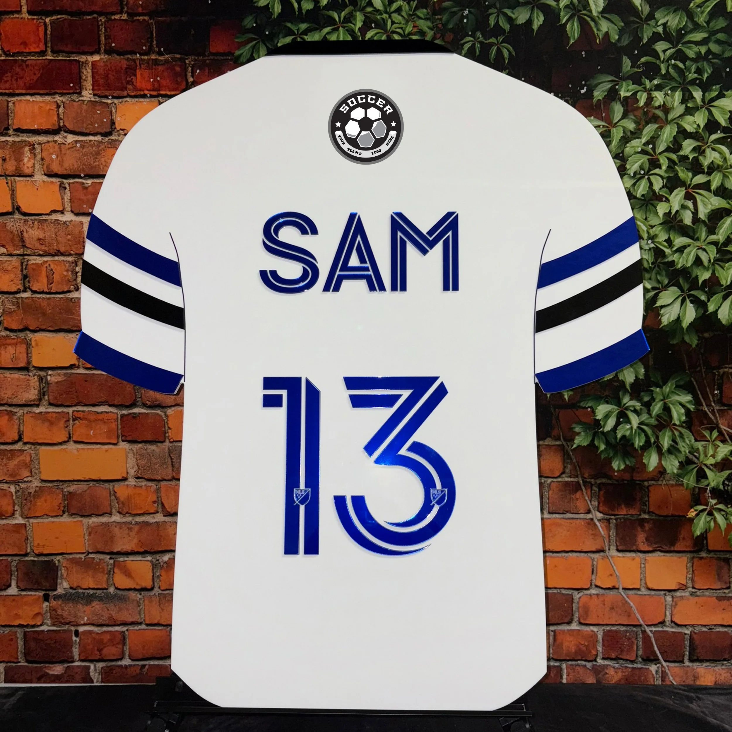 Custom white and blue soccer jersey sign-in board. 