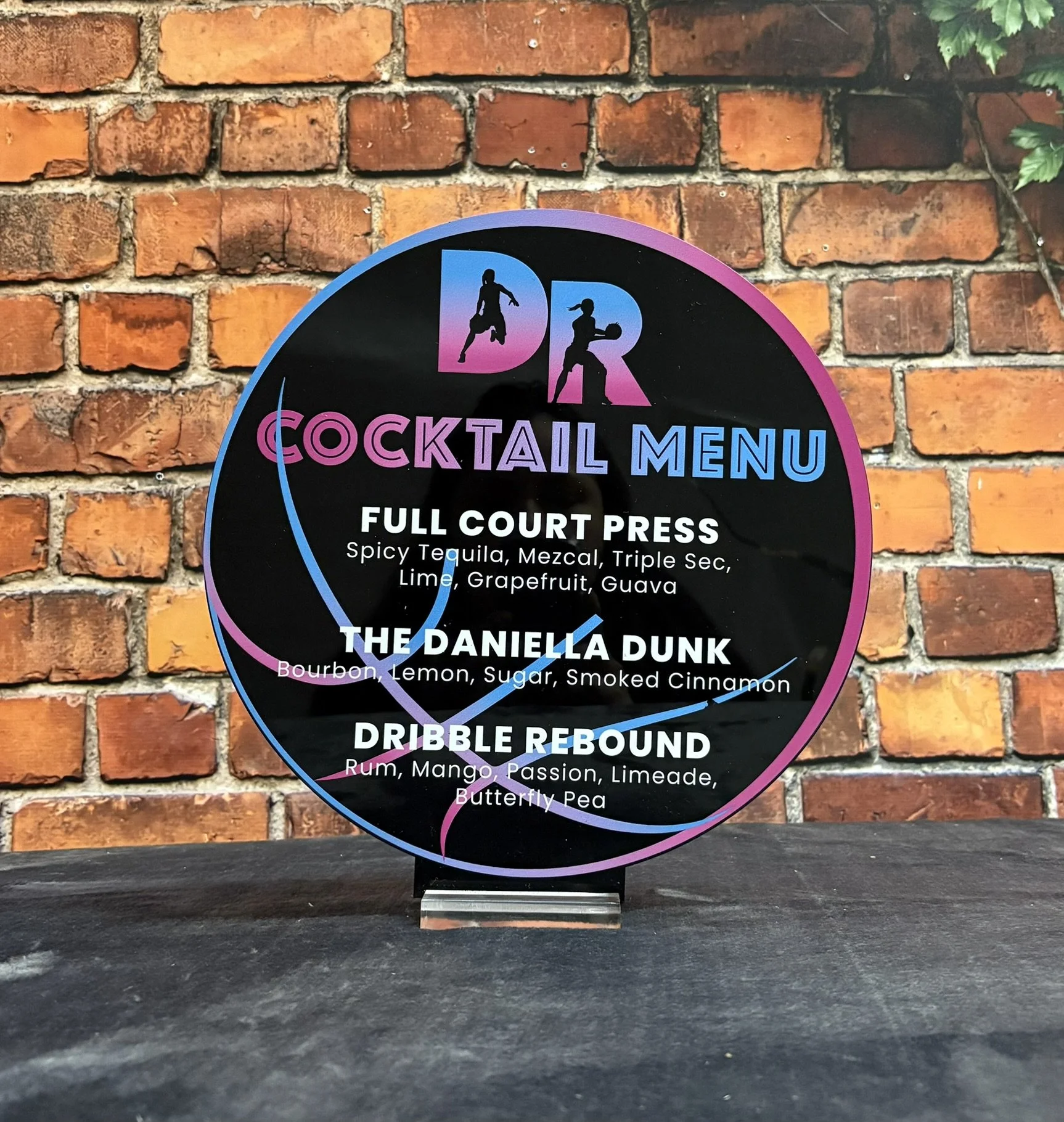 Custom basketball shaped drink menu with an ombre. 