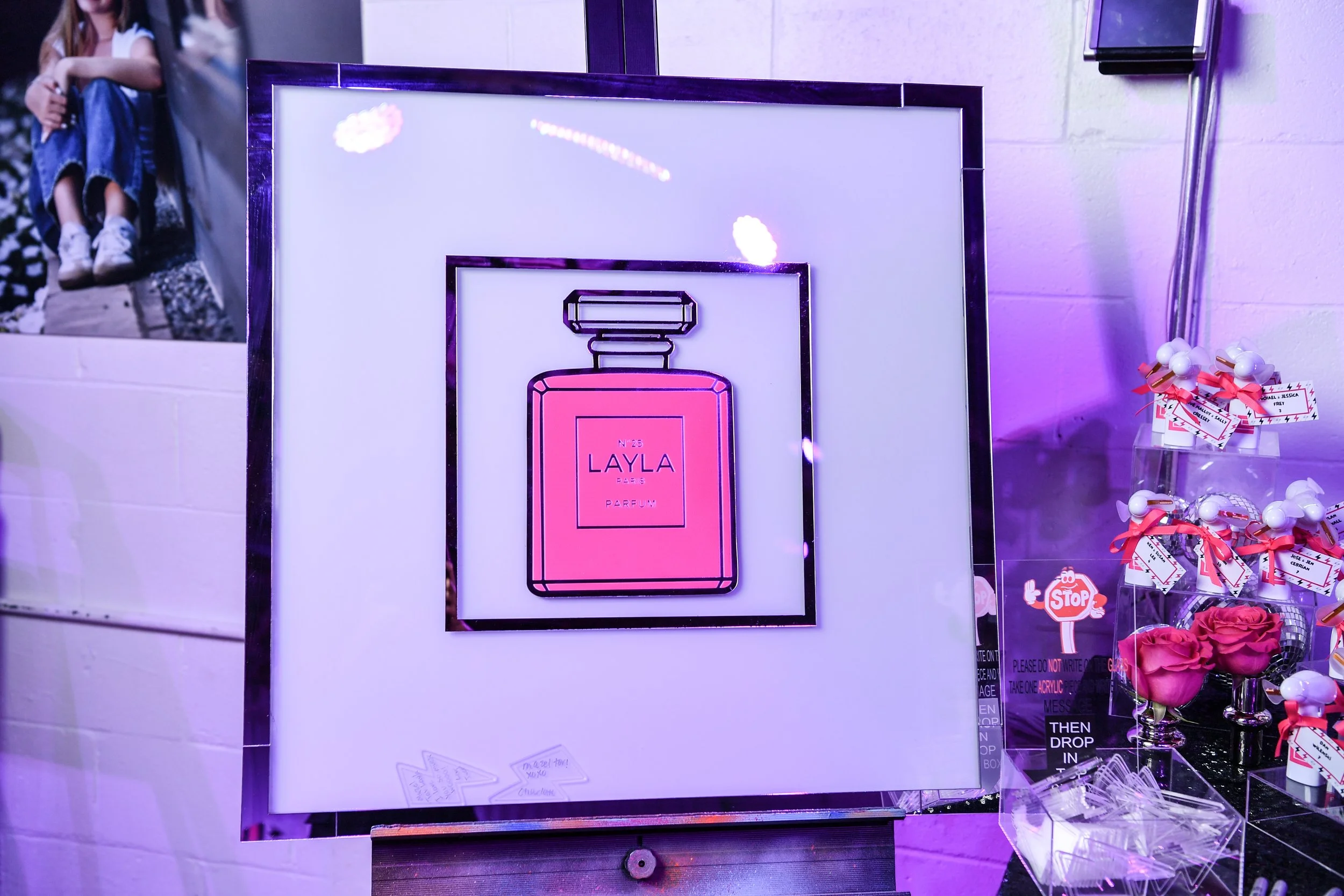 Acrylic Sign in Board_Pink Perfume Bottle_Silver_White_Bat.JPG