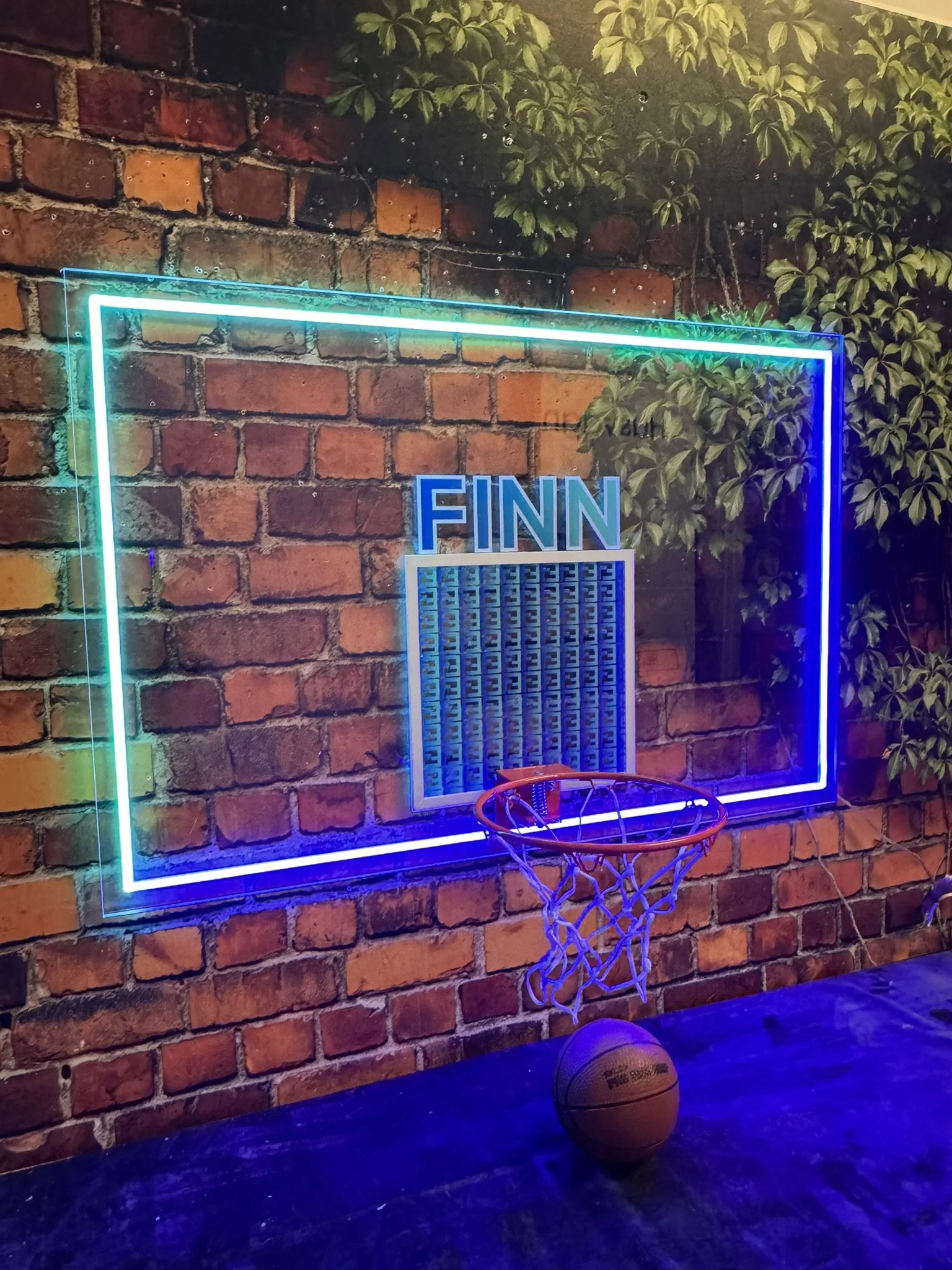 Custom basketball backboard/ hoop sign in board with blue and green neon. 