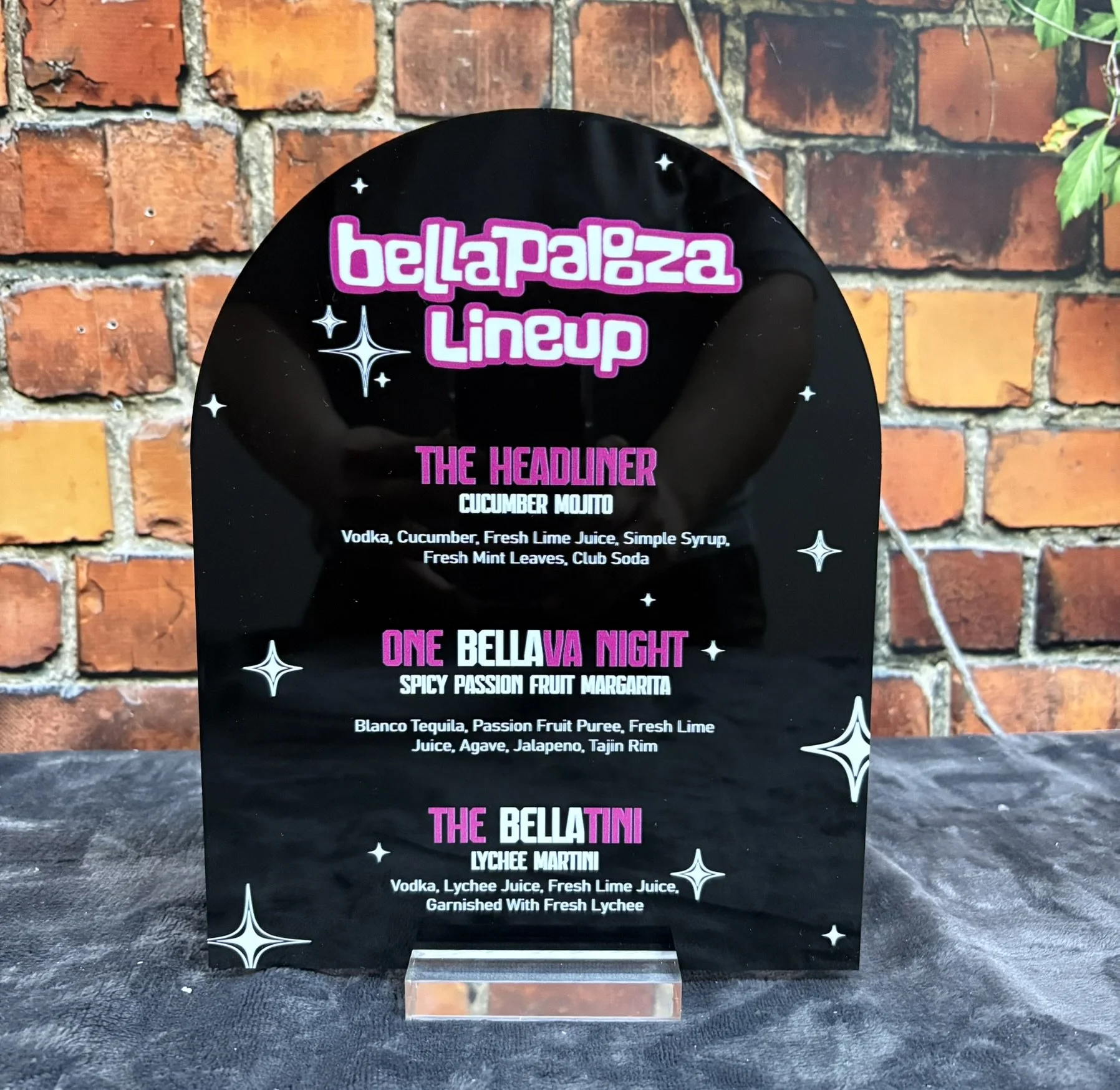 Acrylic drink menu_palooza_Pink and black_Sparkle_bat.JPEG
