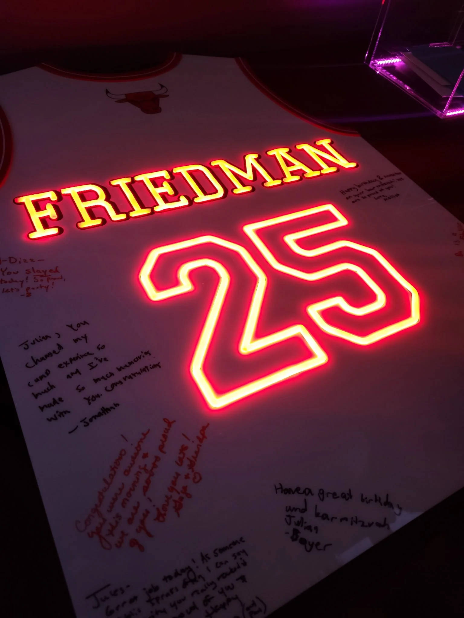 Custom Chicago Bulls neon basketball jersey sign-in baord.