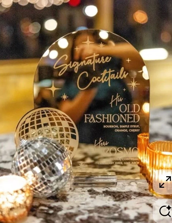 Custom mirrored acrylic disco drink menu. 