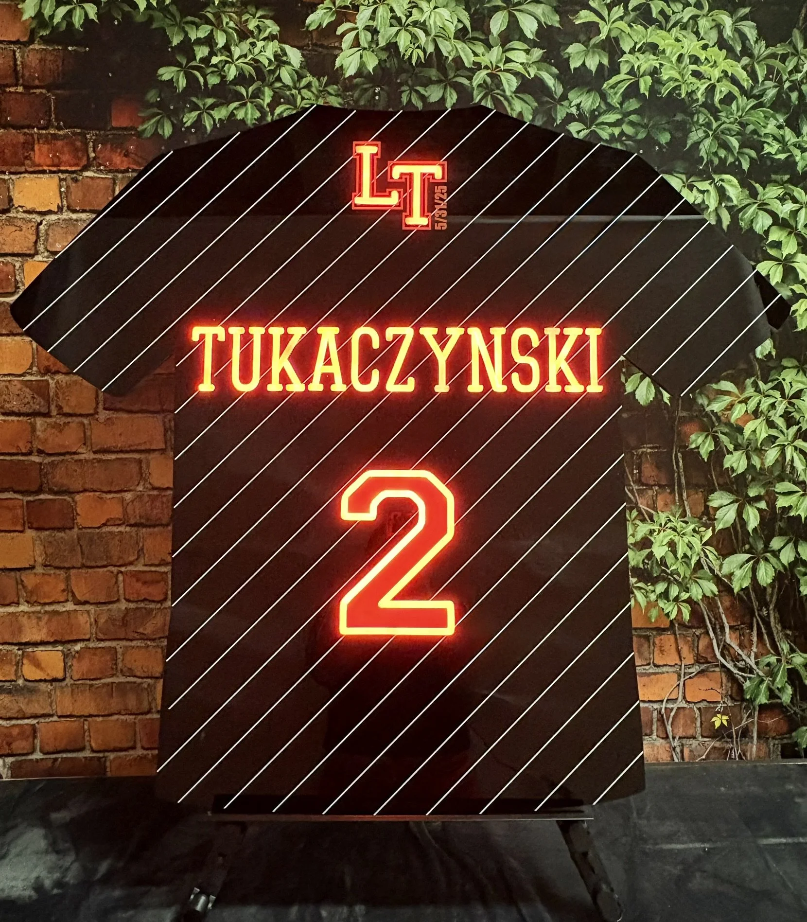 Custom diagonal pinstriped baseball jersey with red neon.