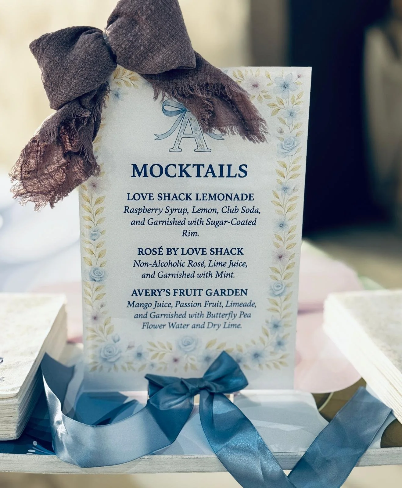 Custom bow themed drink menu. 