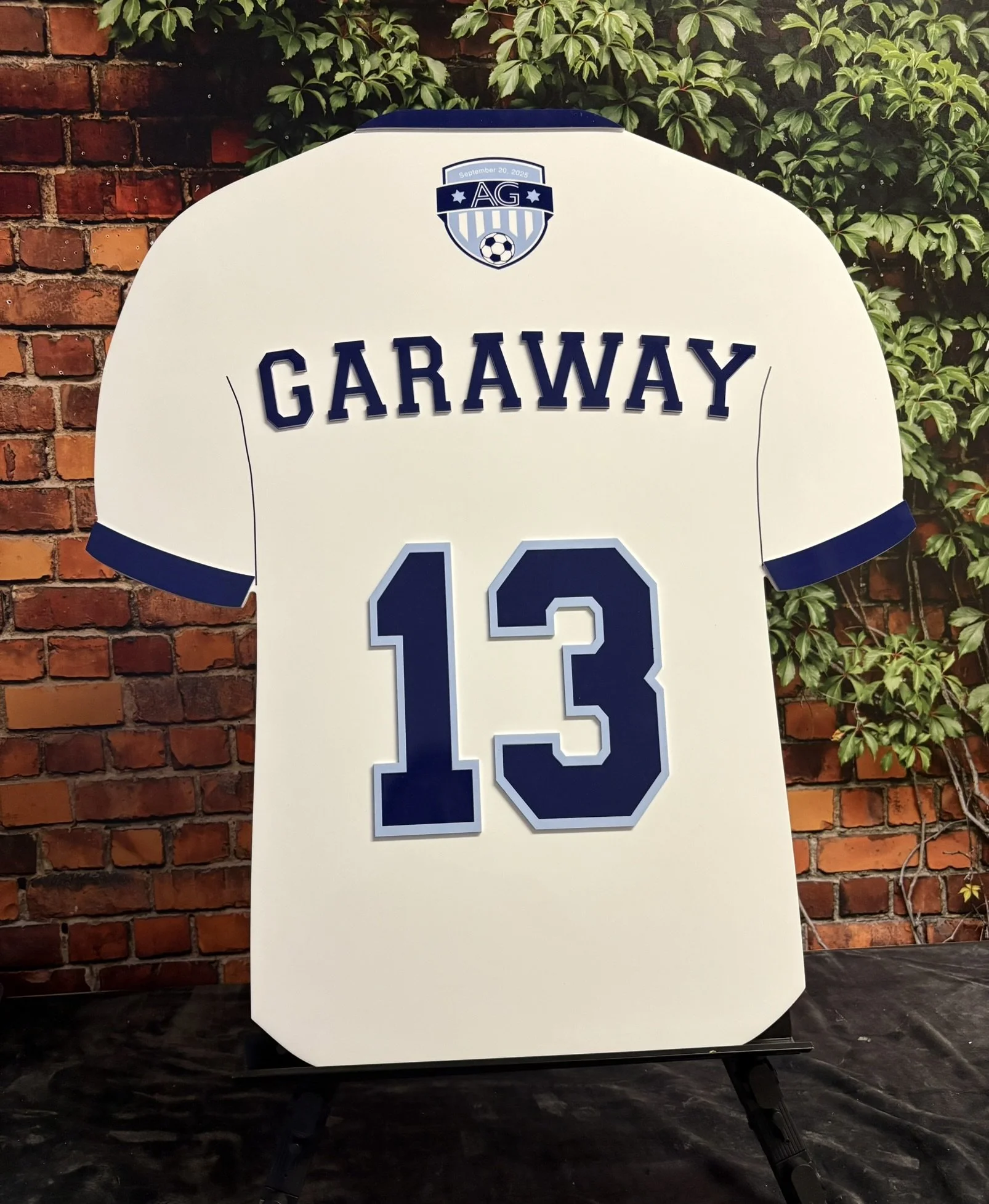 White and blue soccer jersey-sign in board. 
