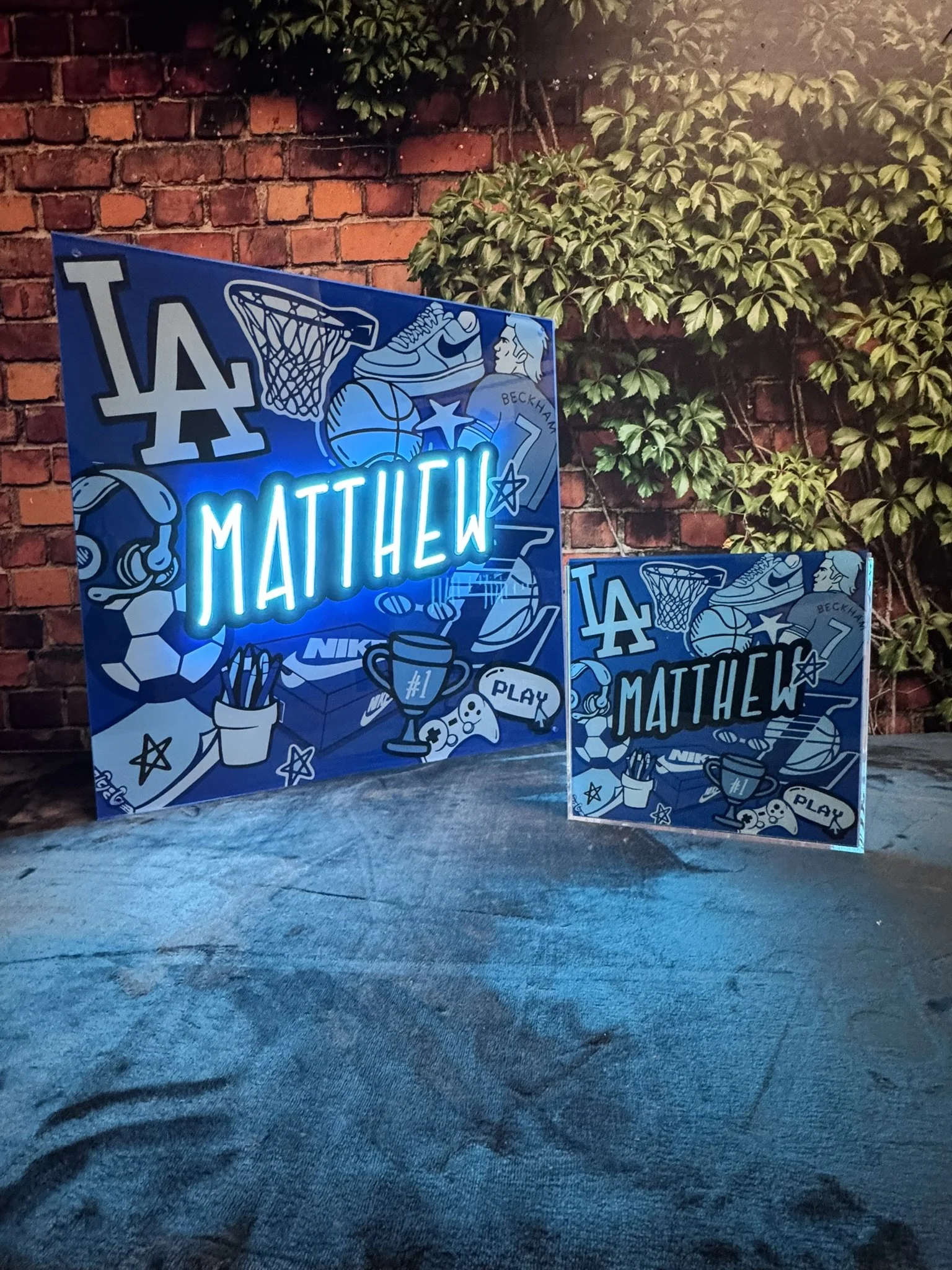 Custom sports themed sign-in board with neon detailing. 