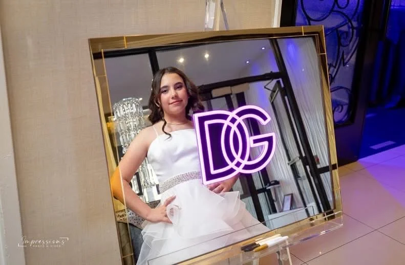 Mirrored Sign-In Board_Silver and Gold_Purple Neon_Bat.JPG