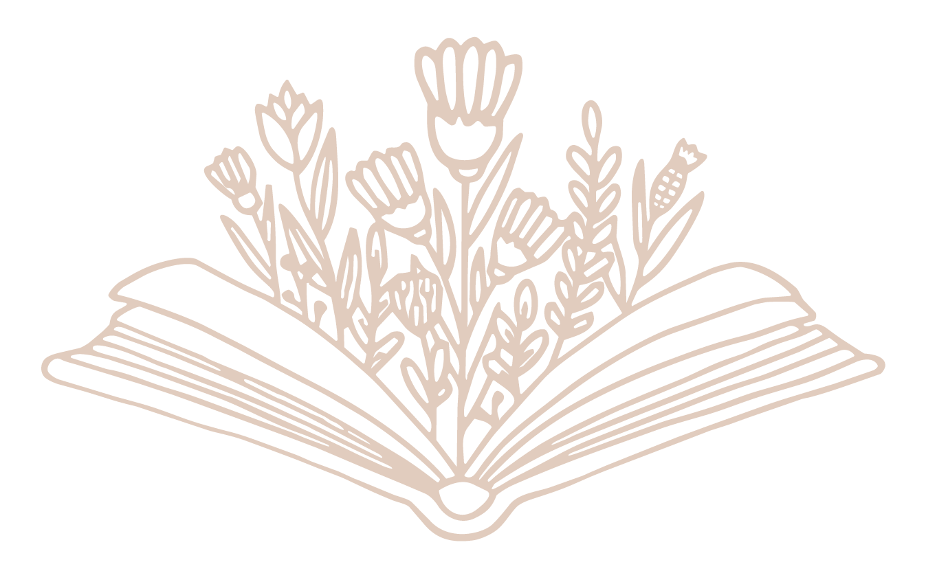 Pink icon for Cloud Peak Clarity Bookkeeping, featuring an outline of an open book with various plants and flowers sprouting from its pages.