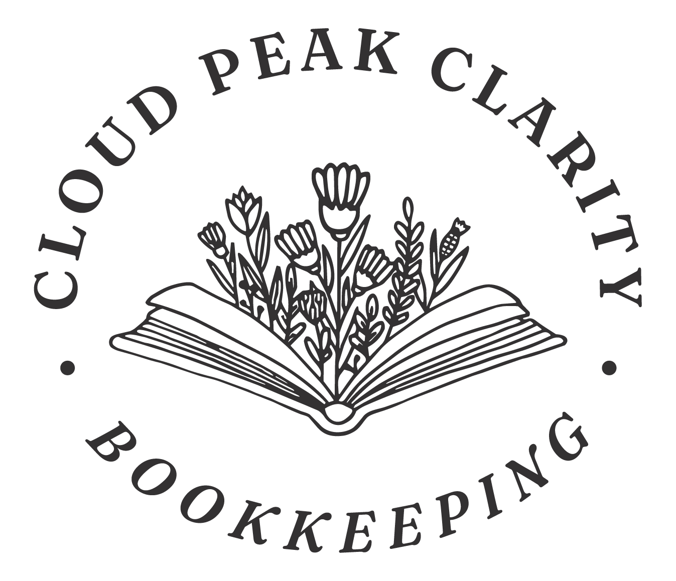 Logo for Cloud Peak Clarity Bookkeeping featuring an open book with flowers emerging from its pages.