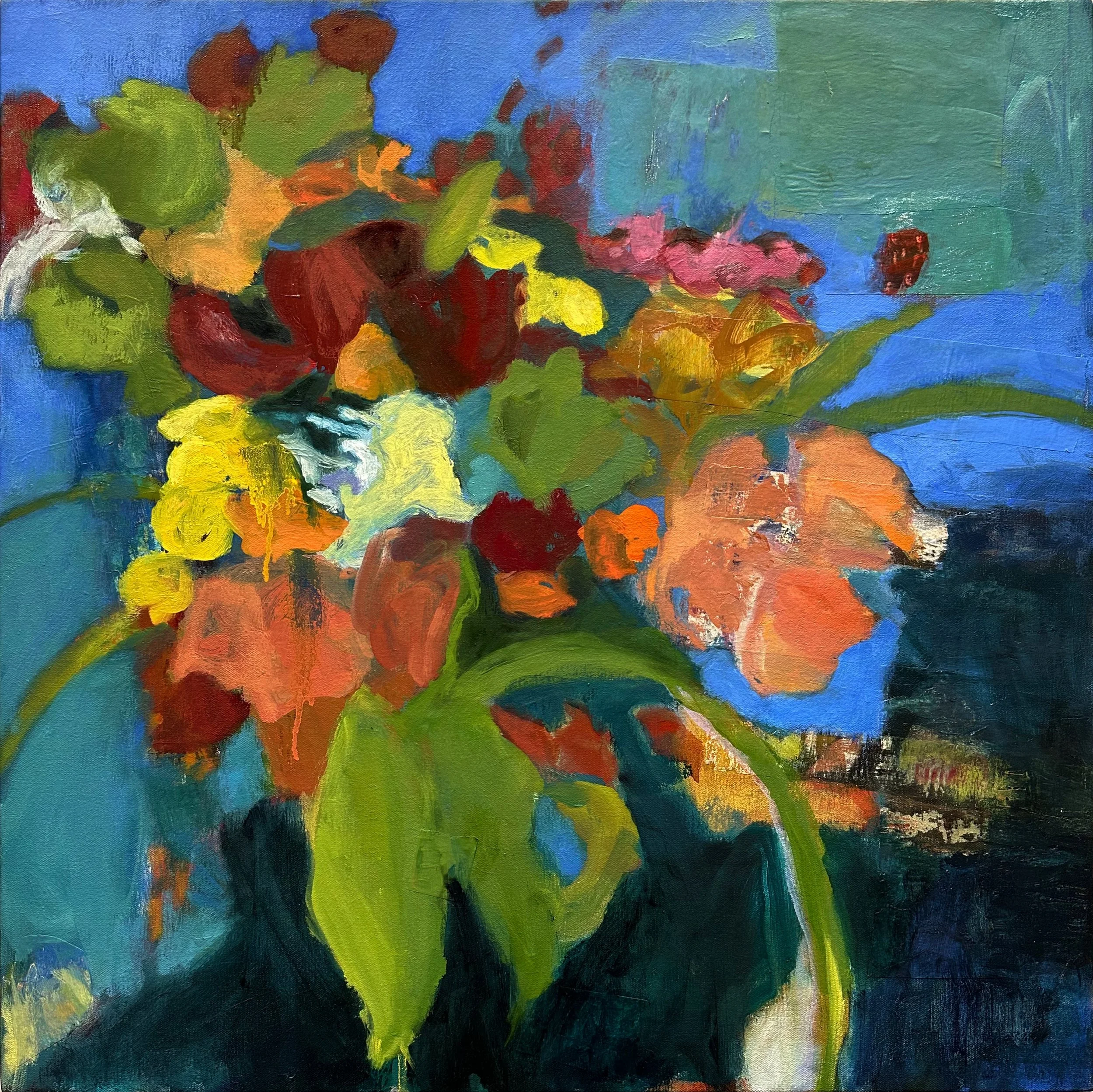 Floral with Green and Blue 24" x 24"  oil and collage on canvas 