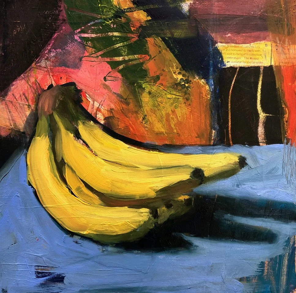 Bunch 12" x 12" oil on canvas board with mixed media and collage