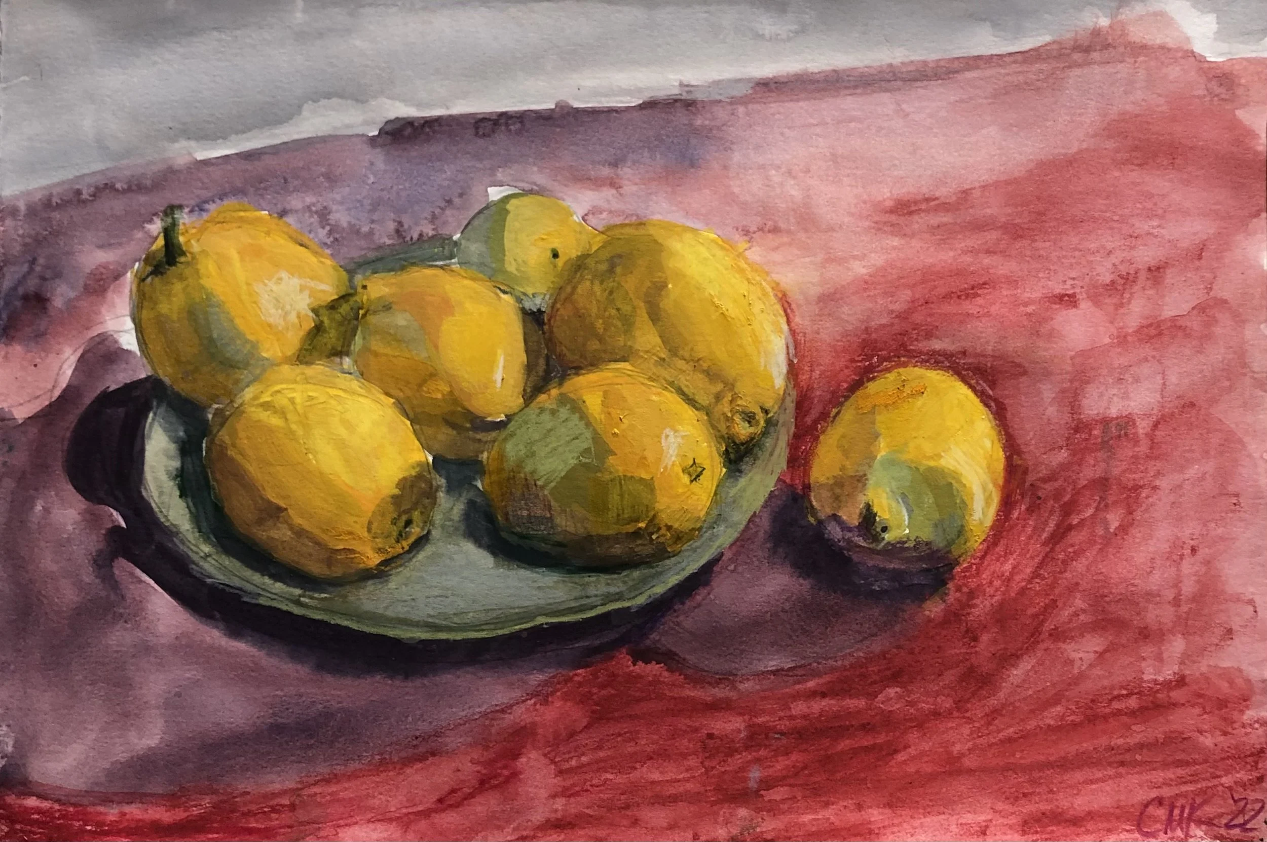 Lemons with Red Cloth  8" x 11.5" watercolor, watercolor crayon and colored pencil on paper