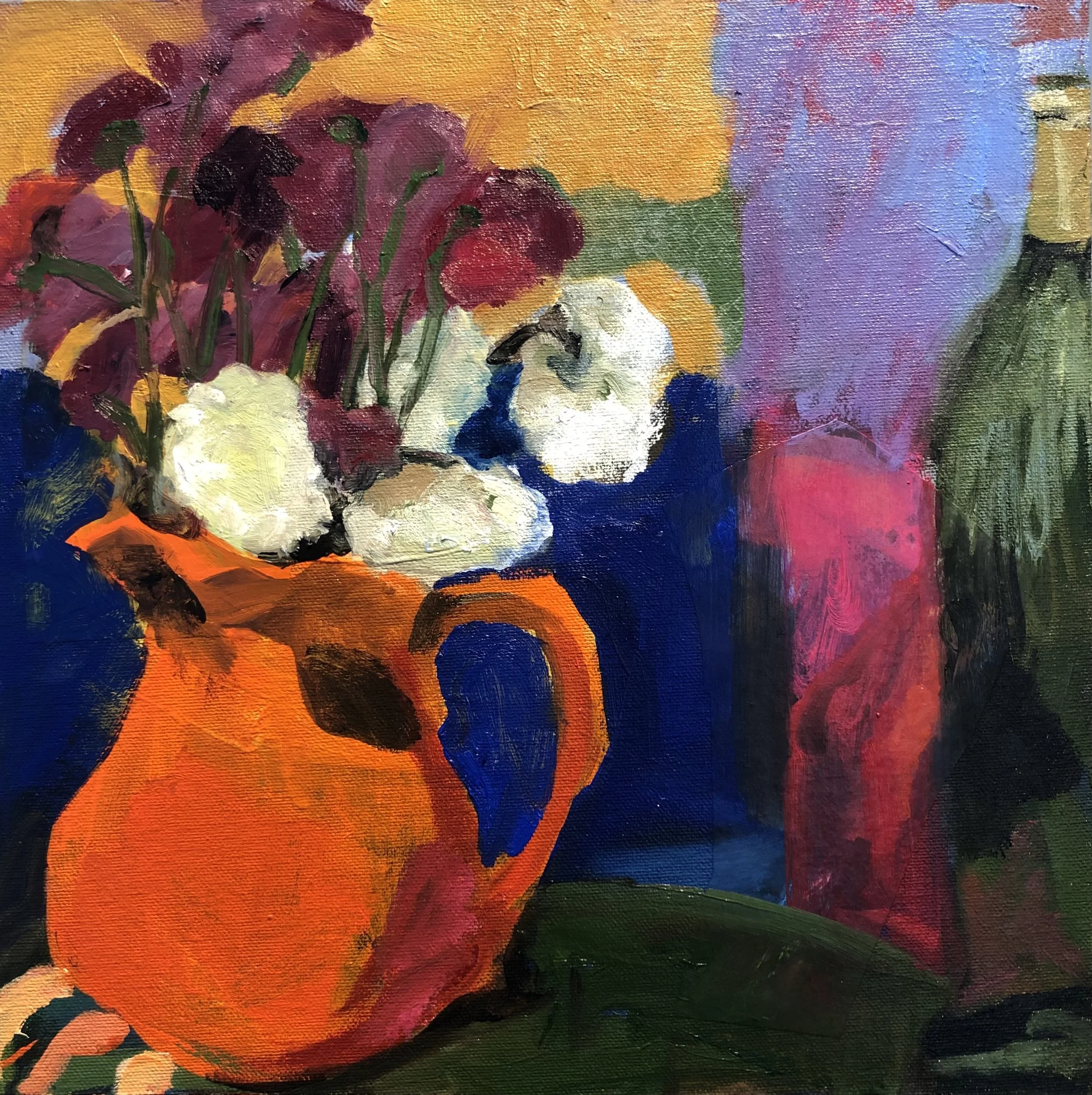 Orange Pitcher Floral with Red, White and Pink   11" x 11" oil on canvas panel
