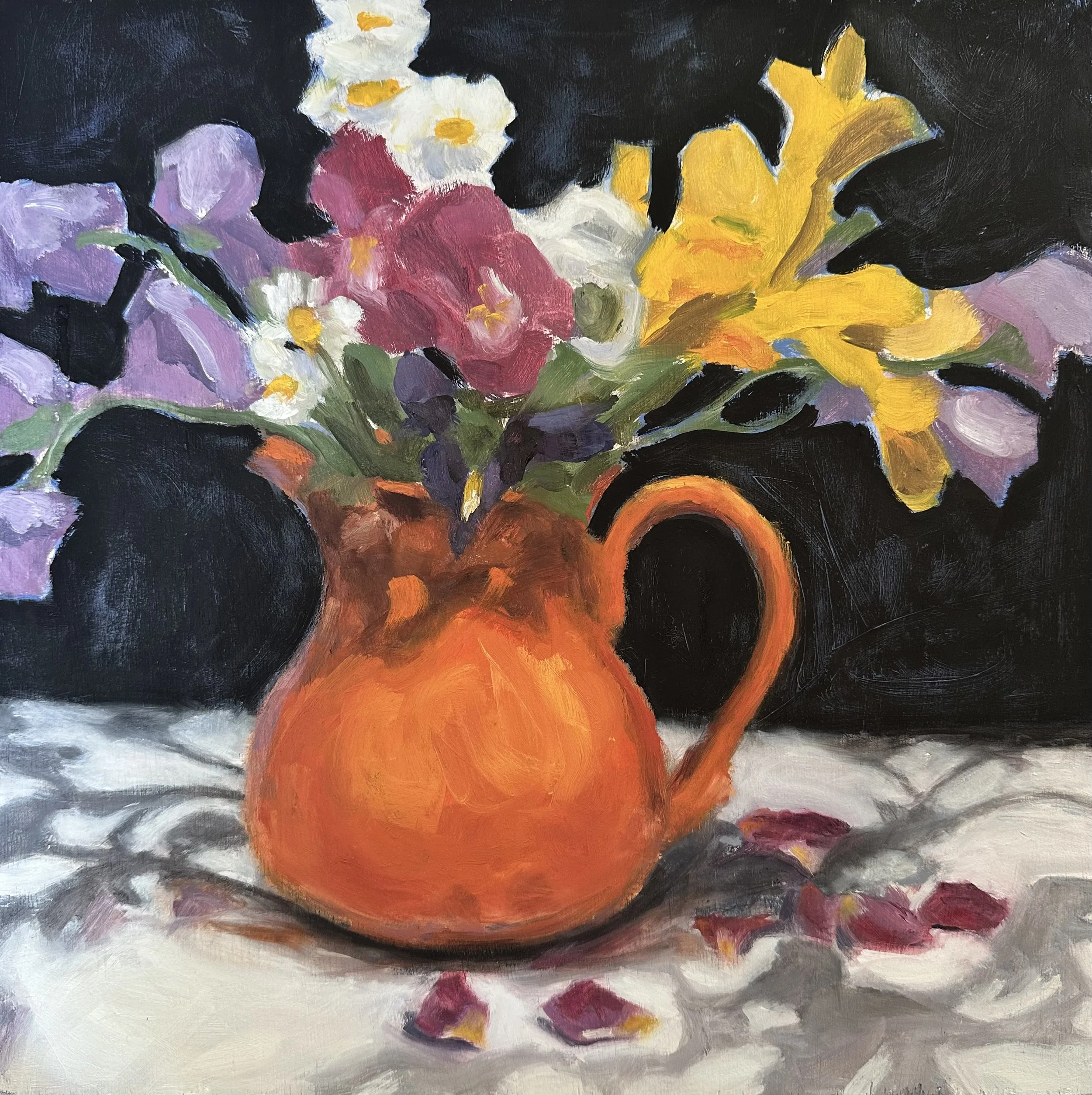 Orange Pitcher Floral with Black  15" x 15" oil on wood panel