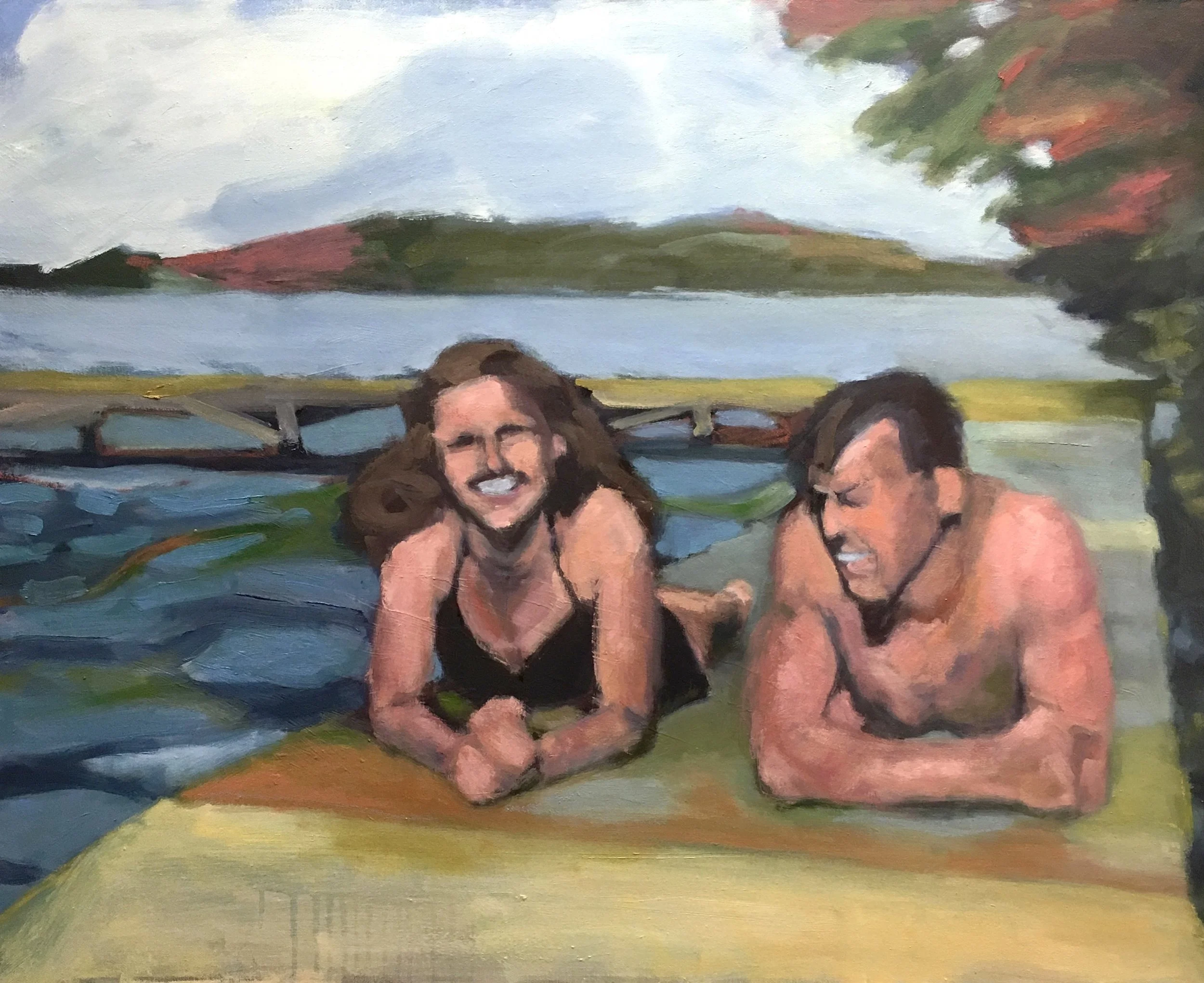 Shirley and the Pier Guy  24" x 30"  oil on canvas  2023
