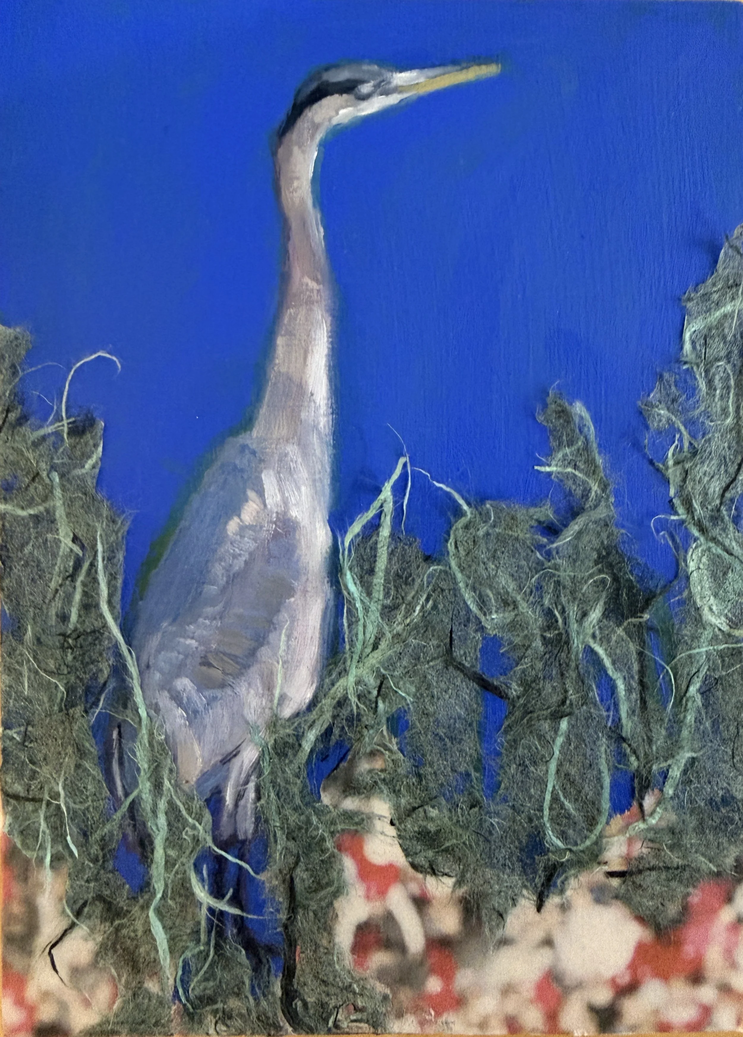 Great Blue Heron  5" x 7" oil and collage on canvas  SOLD