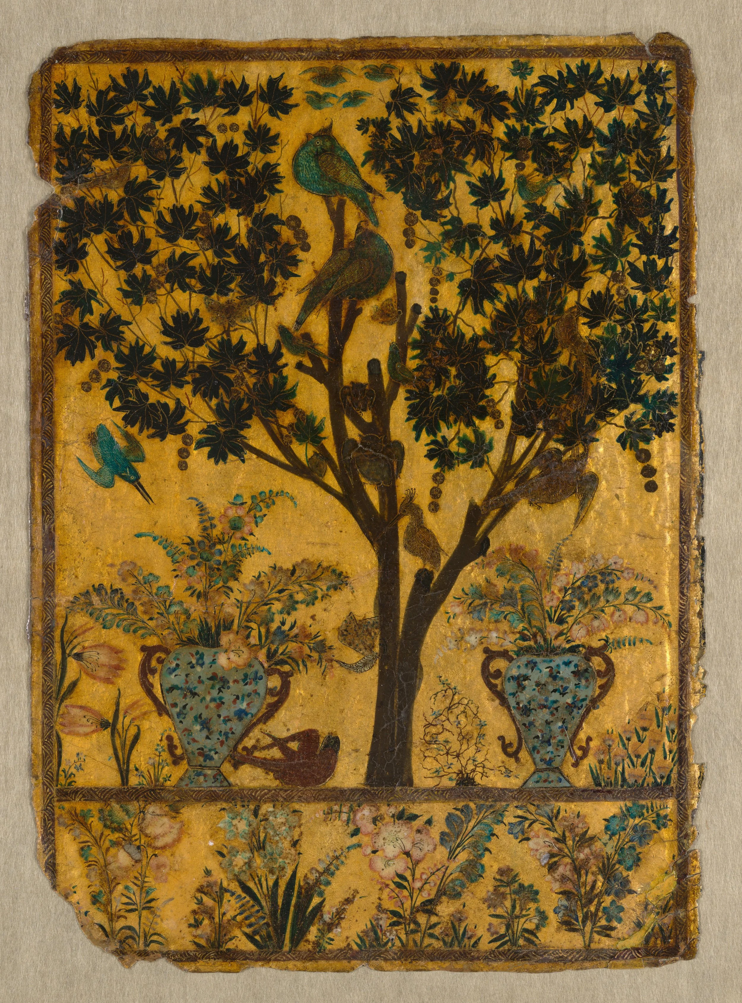 A detailed, colorful painting of a tree with birds and flowers in decorative vases on a yellow background.