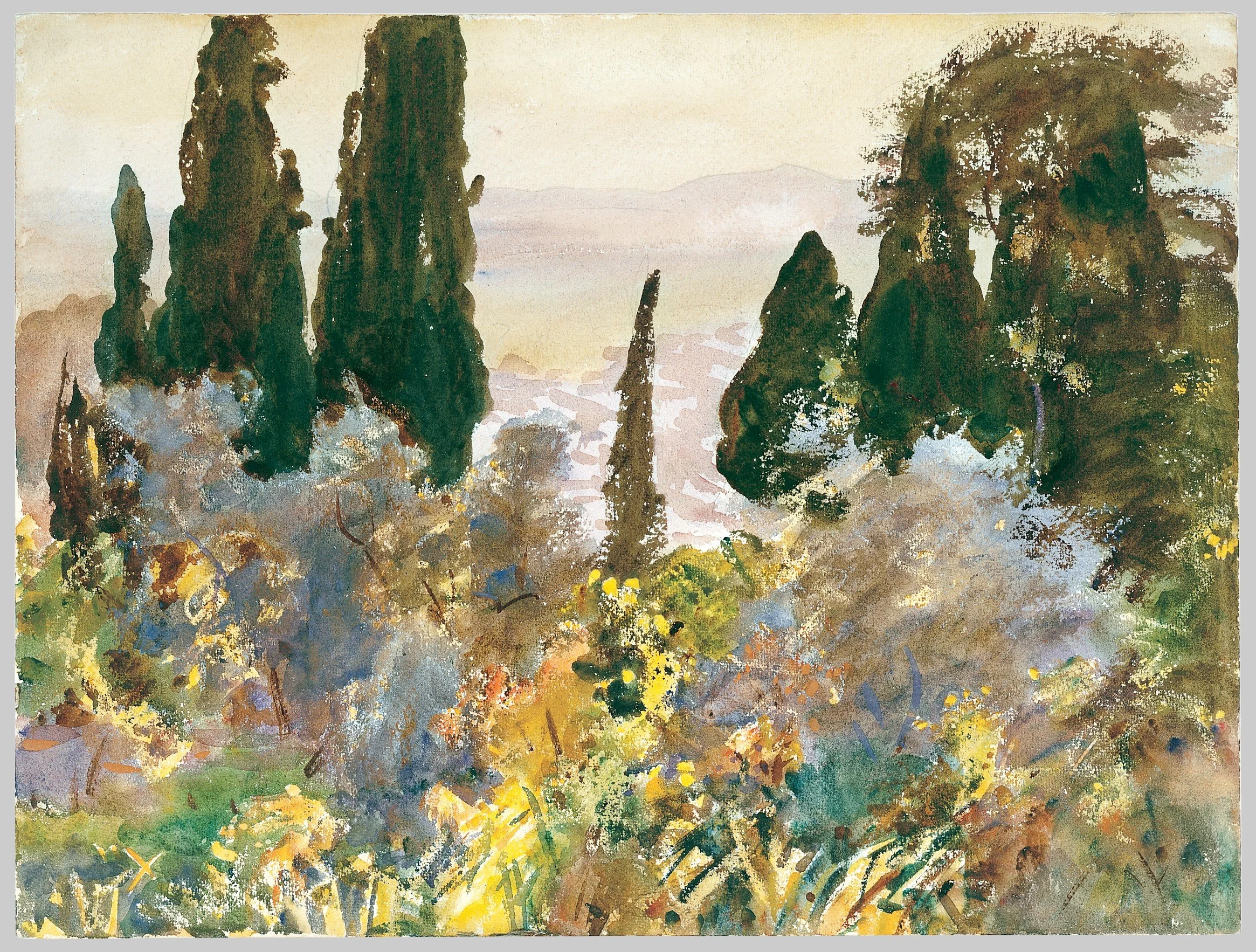 A watercolor painting of a landscape with tall, dark trees in the foreground and mountains in the background. The scene has a soft, muted color palette with hints of green, yellow, and brown, depicting a peaceful, natural setting.