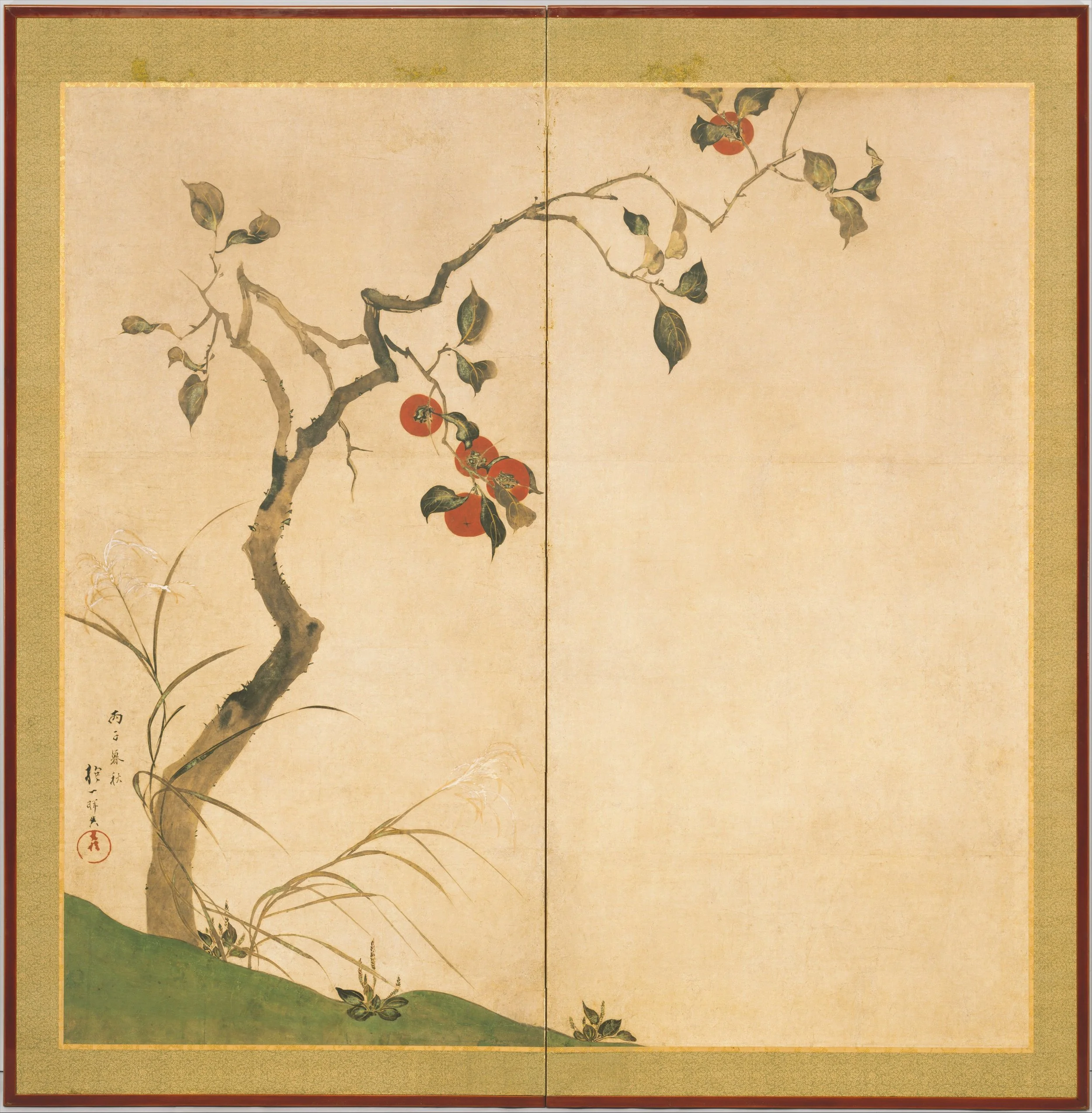 Traditional Japanese folding screen with painted images of a tree branch with leaves and persimmons, and green grass at the bottom.