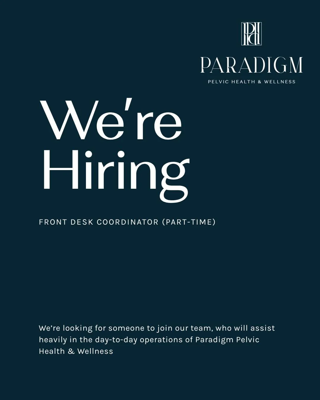 Are you or someone you know interested in an administrative position with Paradigm Pelvic Health &amp; Wellness?
We'd love to hear from you! E-Mail your CV and a short cover letter to dremily@paradigmpelvichealthandwellness.com

Applications will be 