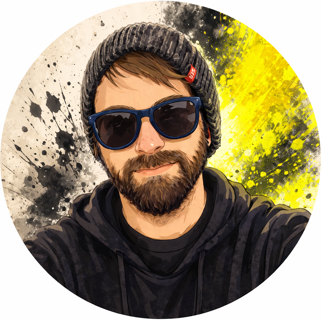 A digitally illustrated portrait of a man wearing a gray beanie, large blue sunglasses, a black hoodie, and sporting a beard. The background features black, gray, and yellow paint splatters.